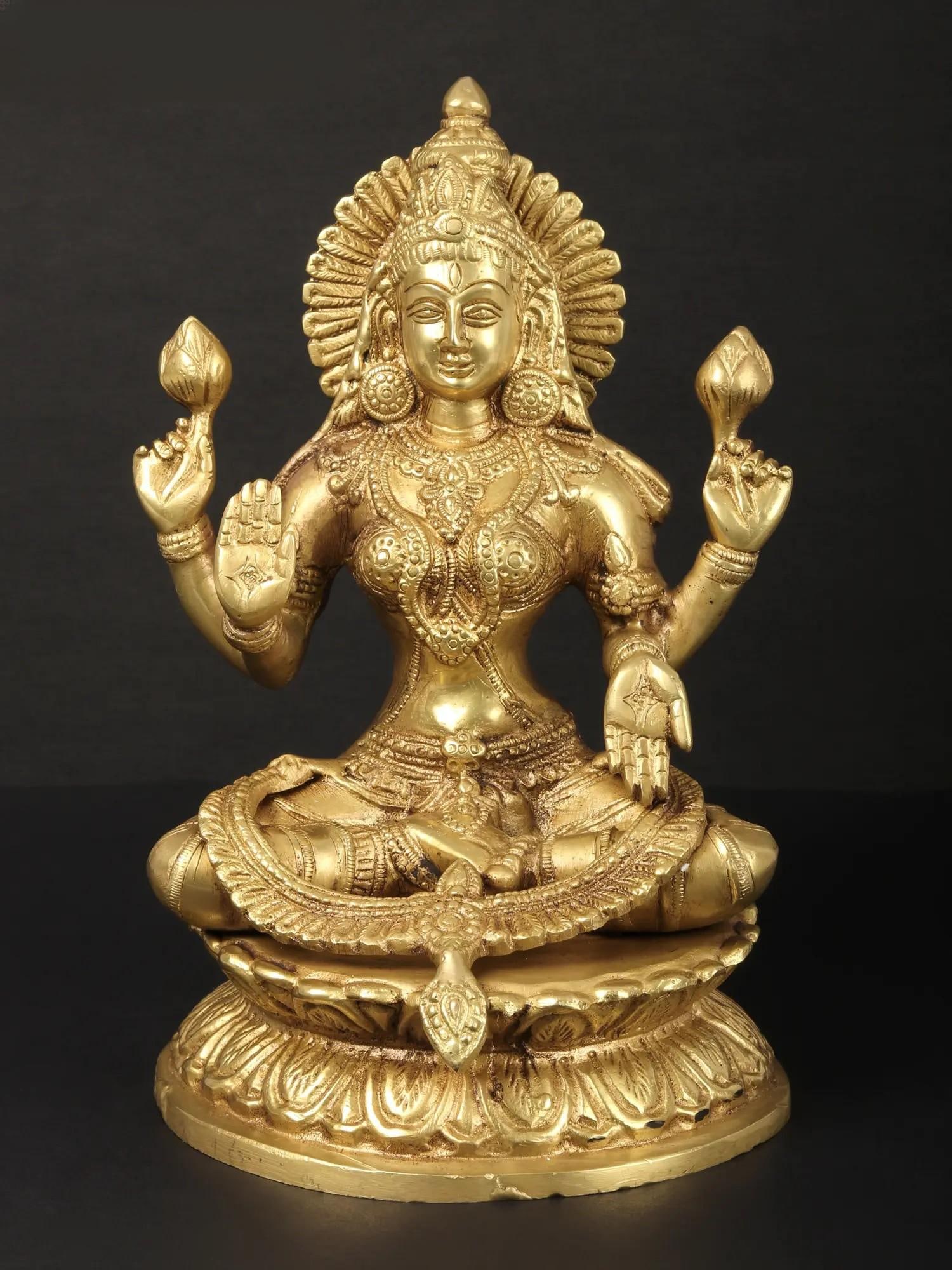 9" Four-Armed Lakshmi Brass Statue in Abhaya-Mudra | Handmade Hindu Goddess Figurine: Description: See It In Your Home Lakshmi is the goddess of wealth and fortune. According to the pauranik legends, she was born out of the ocean of milk at the time of the churning. As she emerged