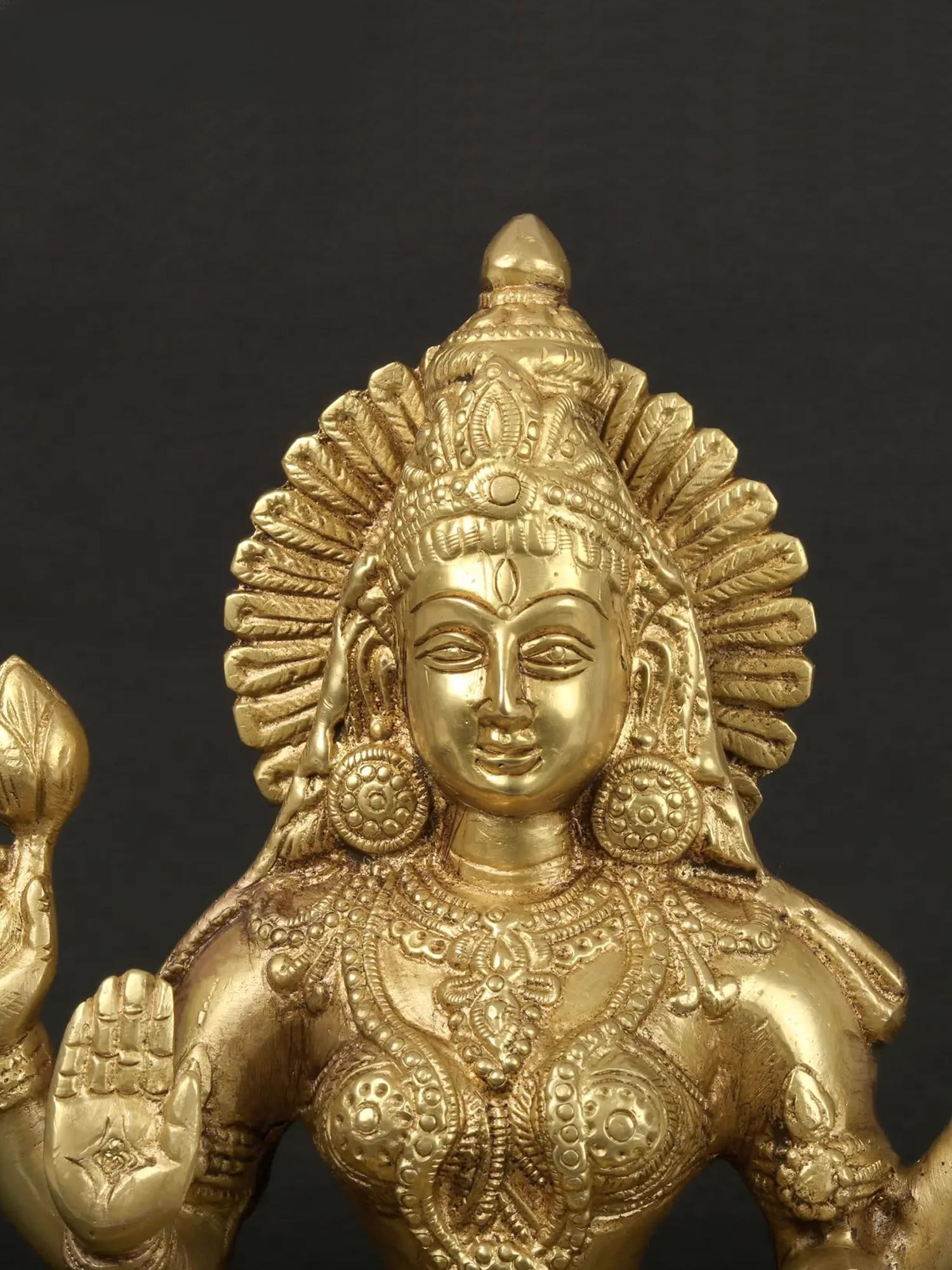 9" Four-Armed Lakshmi Brass Statue in Abhaya-Mudra | Handmade Hindu Goddess Figurine - 2