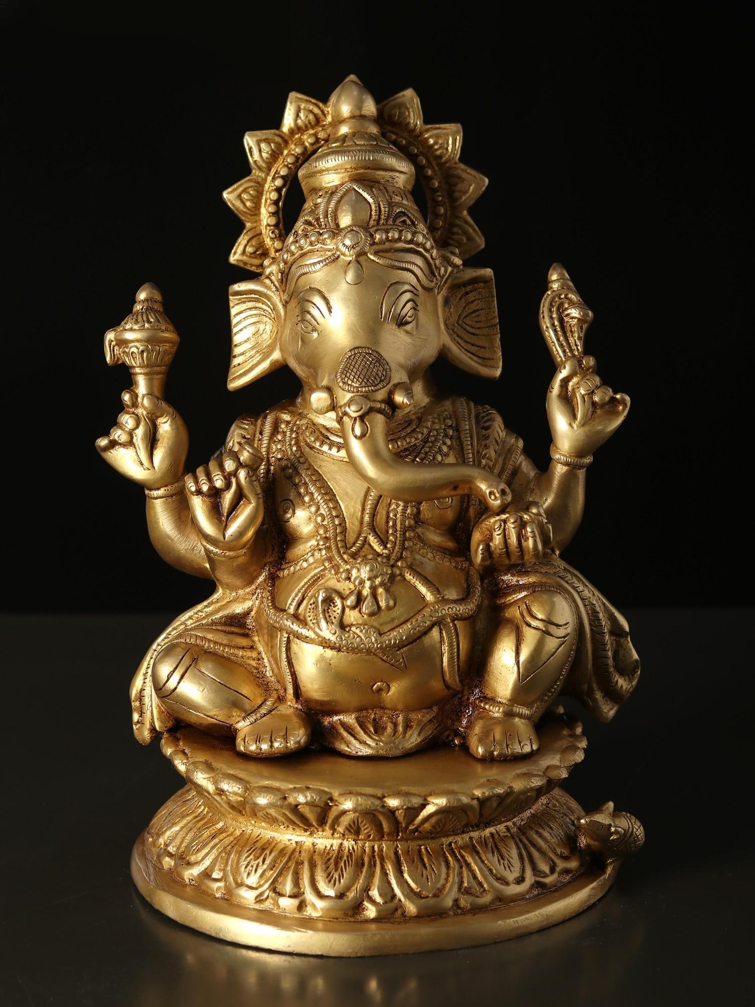 9" Kamalasana Chaturbhuja Ganesha | Brass Statue (1 of 2)