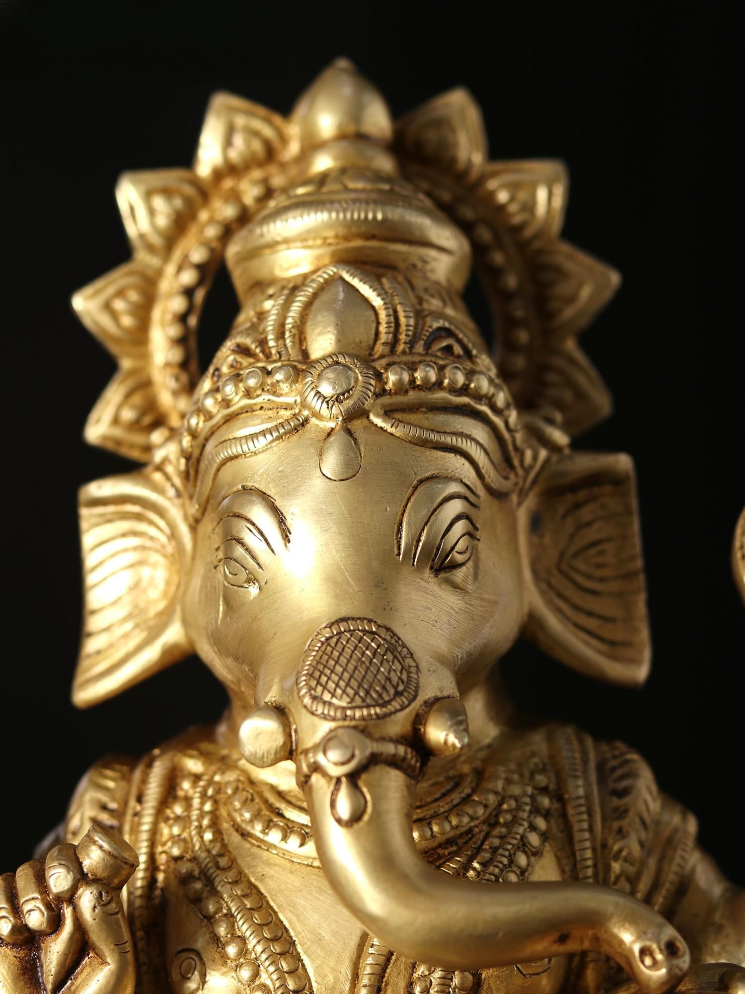 9" Kamalasana Chaturbhuja Ganesha | Brass Statue - 2