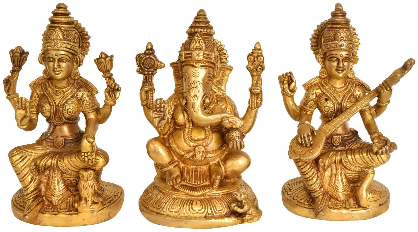 6" Lakshmi Ganesha and Saraswati (Set of 3 Statues) in Brass | Handmade Religious Figurine (1 of 2)