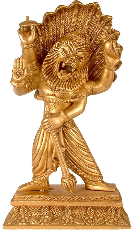 11" Narasimha Avatara Brass Statue | Handmade Hindu God Figurine: Description: See It In Your Home Ferocious and destructive for those who trouble his devotees, Lord Vishnu in his incarnation as Nara-simha, the man-lion, nevertheless holds up here his right hand in