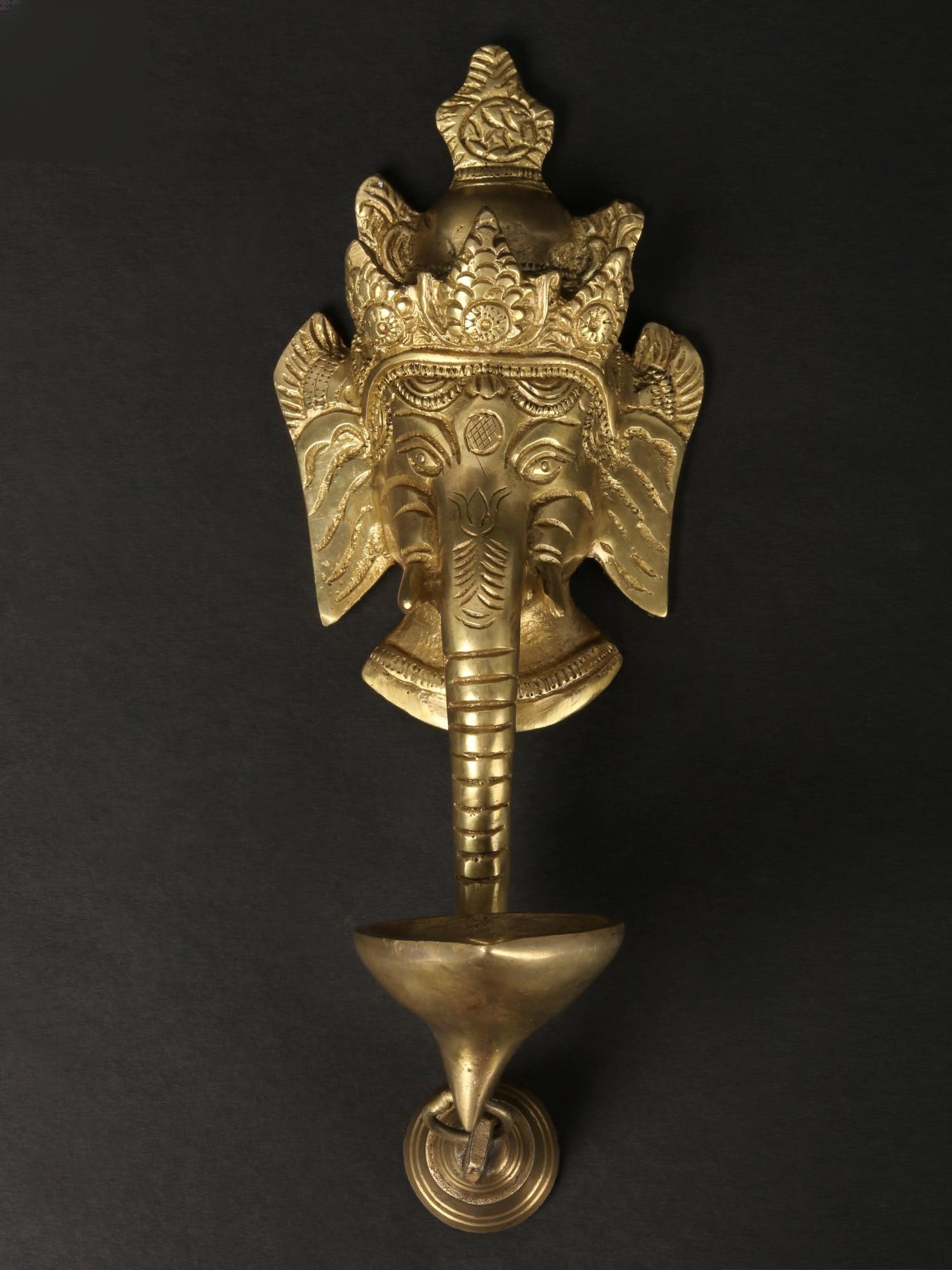 11" Lord Ganesha Wall Hanging Mask with Brass Diya and Bell | Handmade | Made in India - 2