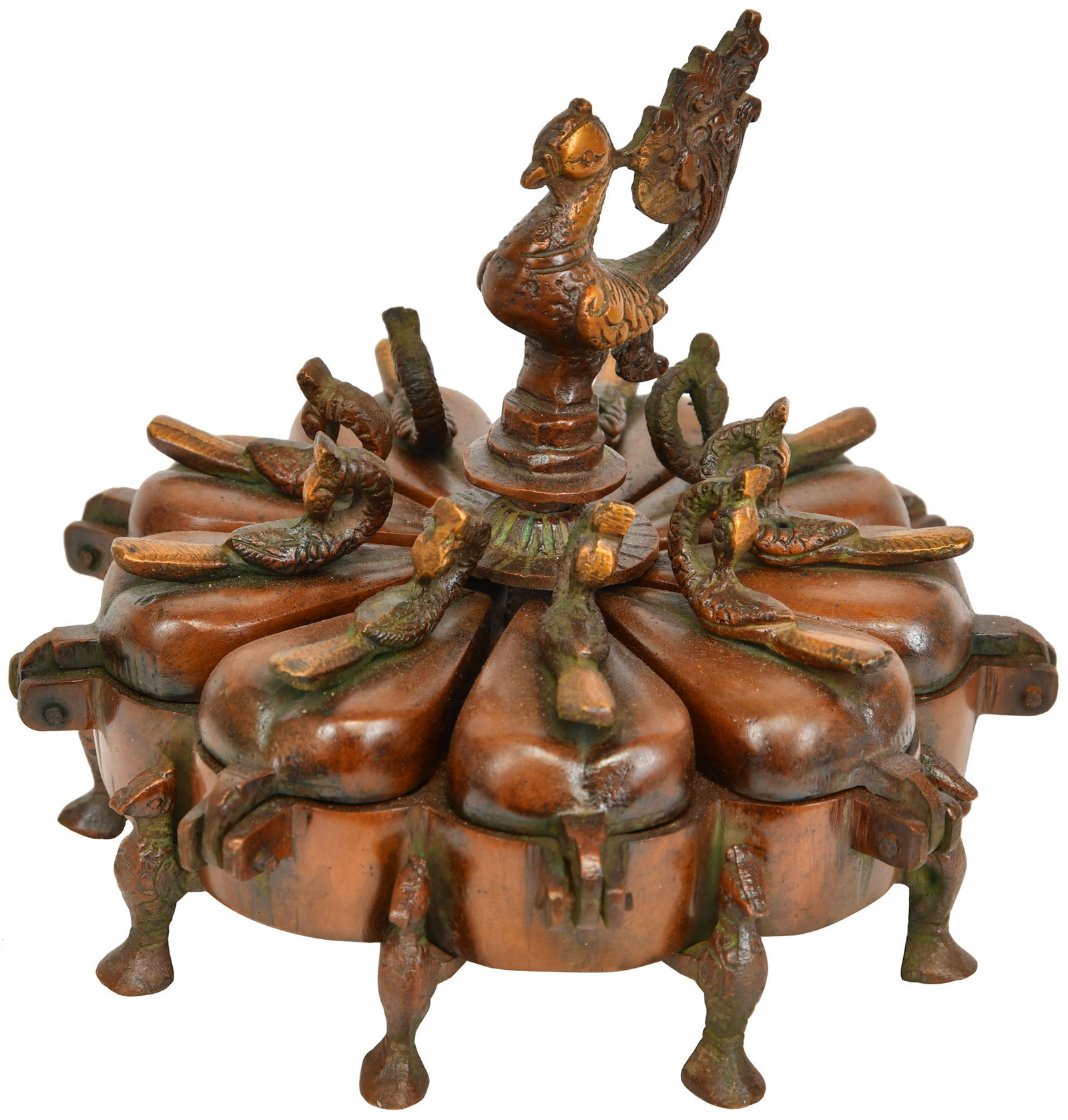 5" Brass Peacock Ritual Box with Lids | Handmade Housewarming Gift: Description: See It In Your Home This is a brass box, brownish in color. There is a peacock standing at the centre of the box adding to its beauty. It’s a flower shape box with leaf like petals;