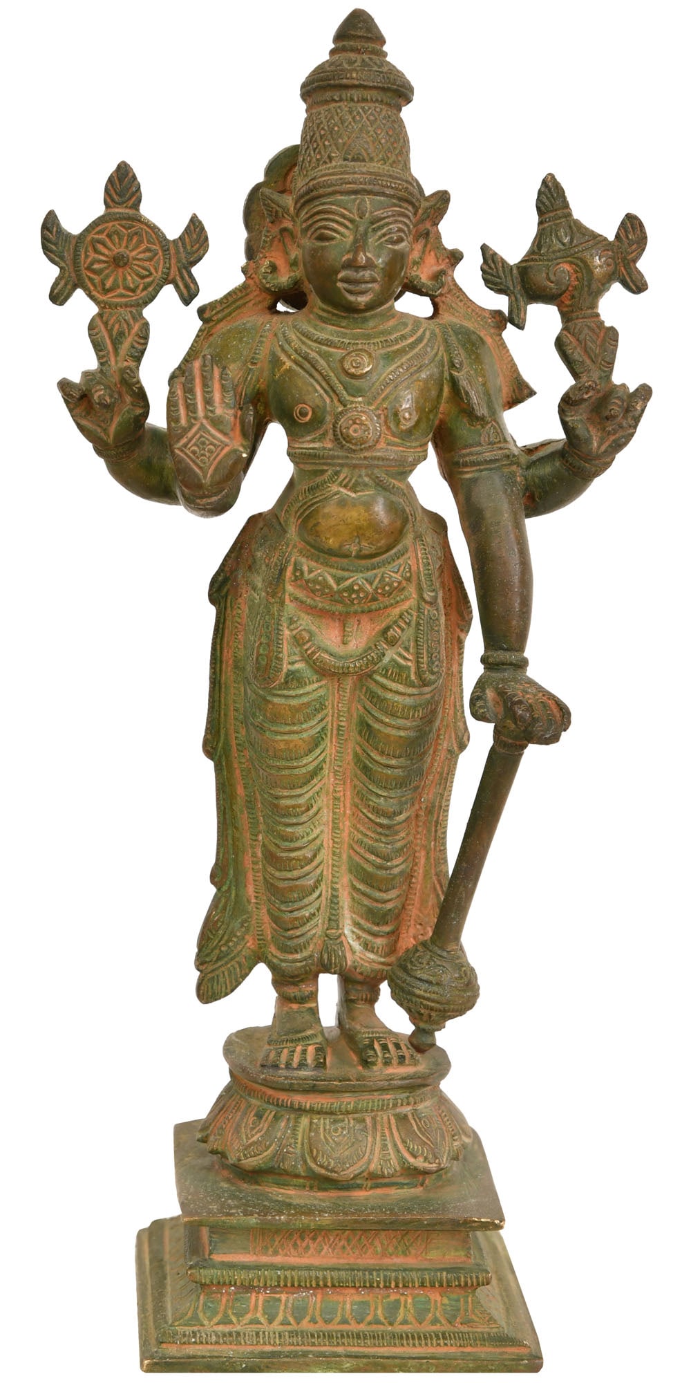 8" Four Armed Standing Vishnu Idol in Brass | Handmade | Made in India: Description: Lord Vishnu, the preserver and sustainer of the cosmos, stands ethereally on a flowering lotus, a vision of majestic grace. His upper hands hold the “Panchajanya”, a heavenly
