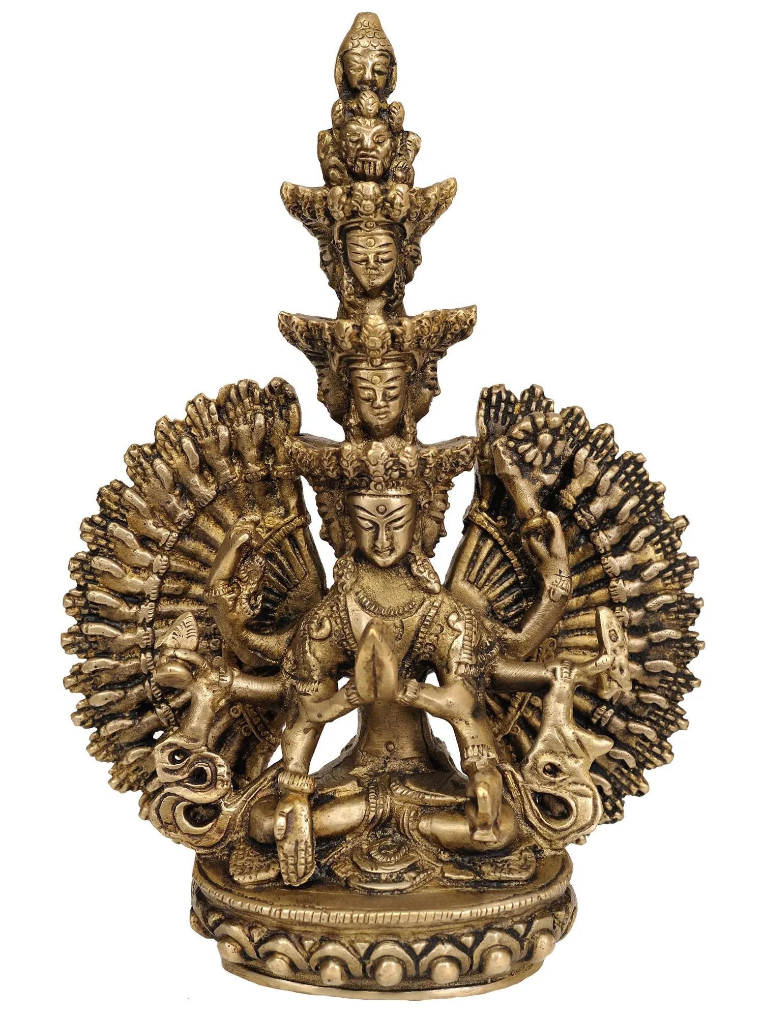 7" Thousand-Armed Avalokiteshvara Brass Idol | Handmade Buddhist Deity Statue | Made in India: Description: See It In Your Home Delve into the boundless compassion and wisdom of Thousand-Armed Avalokiteshvara, a Tibetan Buddhist deity , with this intricately handcrafted brass sculpture made in