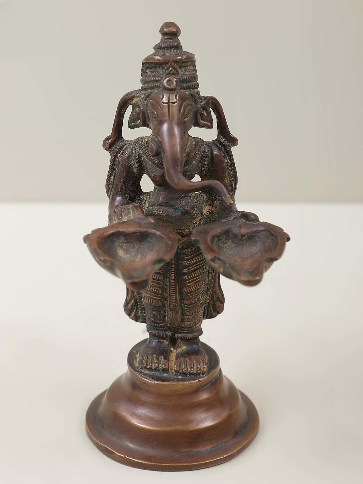 5" Lord Ganesha Twin Lamps In Brass | Handmade | Made In India - 2