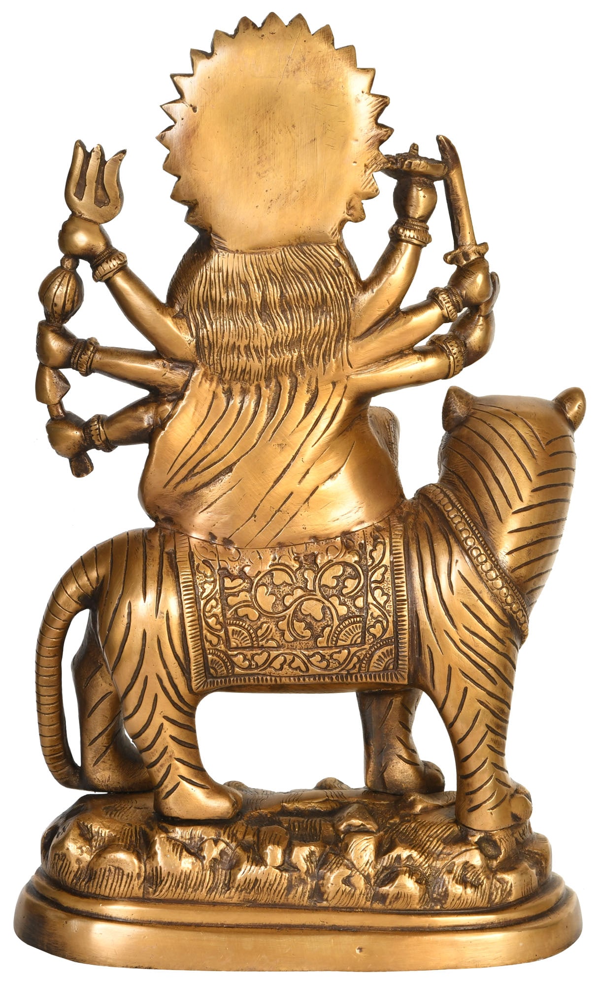 14" Simhavahani Goddess Durga Brass Statue | Handmade Sherawali Mata Brass Idol | Made in India: Description: See It In Your Home Simhavahani, an epithet of Mother Goddess Durga , depicts her astride a lion, symbolizing strength and ferocity. In this form, Durga exudes power and dominance, riding