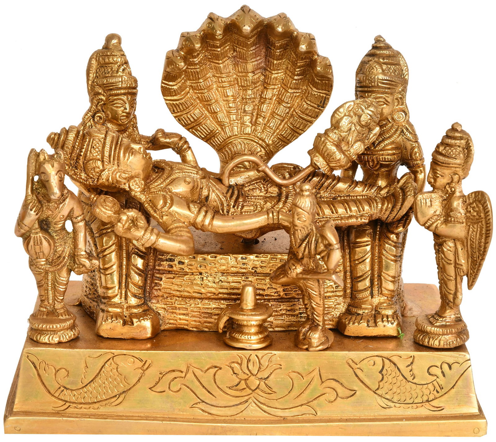 6" Lord Brahma Emerging from Navel of Lord Vishnu | Handmade Brass Statue: Description: In the quietude of eternity, where the threads of cosmos intertwine, emerges a masterpiece that beckons us to contemplate the intricate dance of creation. This sculpture transcends mere