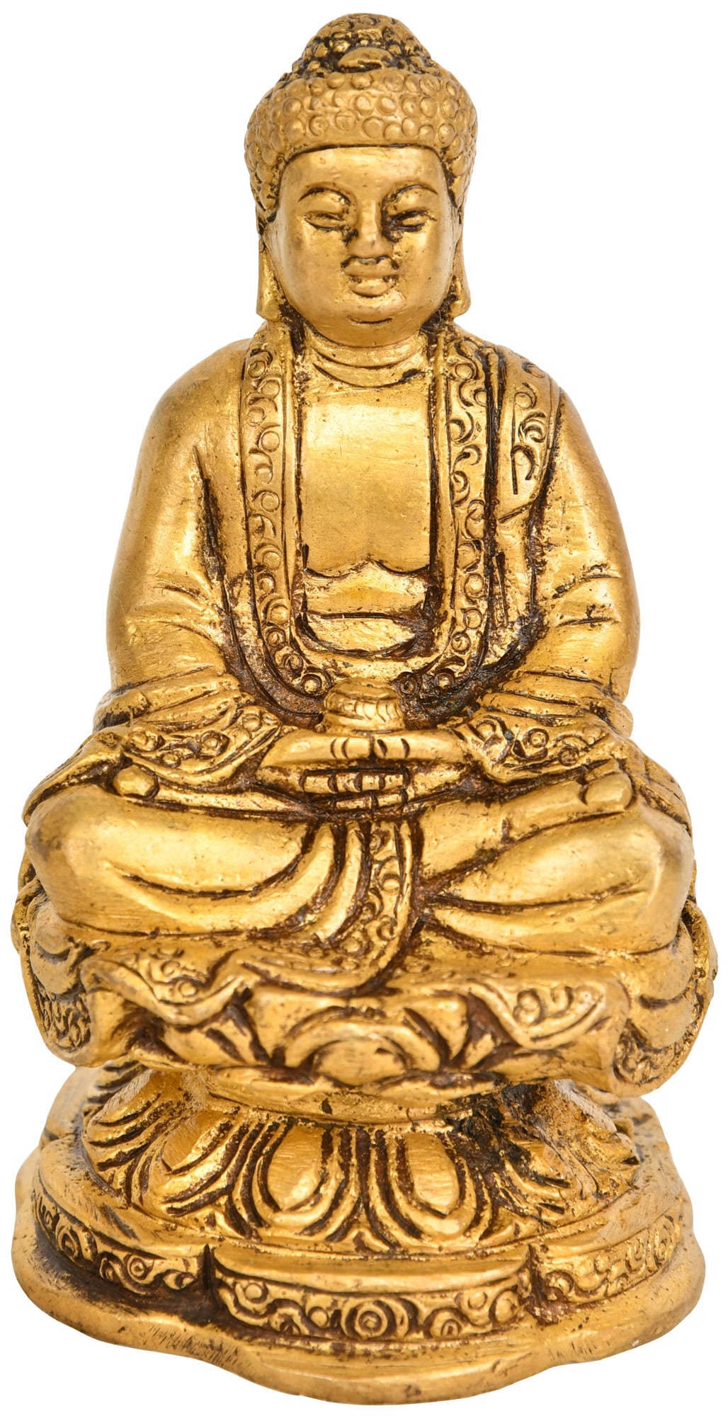 4" Brass Amida (Japanese Buddha) Statue | Handmade | Made in India: Description: See It In Your Home Crafted with reverence akin to a prayer, this sculpture portrays Amida Buddha in a posture of serene meditation, radiating an aura of boundless compassion and