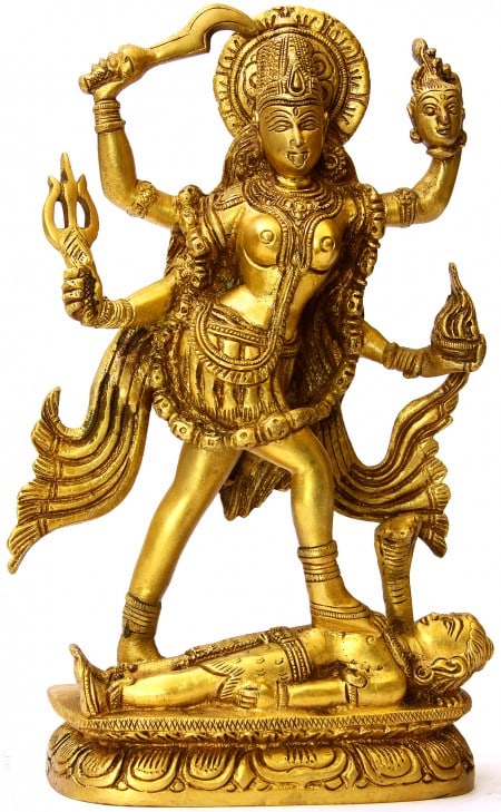 9" Goddess Kali Brass Sculpture | Handmade | Made in India: Description: See It In Your Home Introducing the formidable Goddess Kali , a central figure in Hindu mythology representing power, destruction, and transformation. Her portrayal is both awe-inspiring