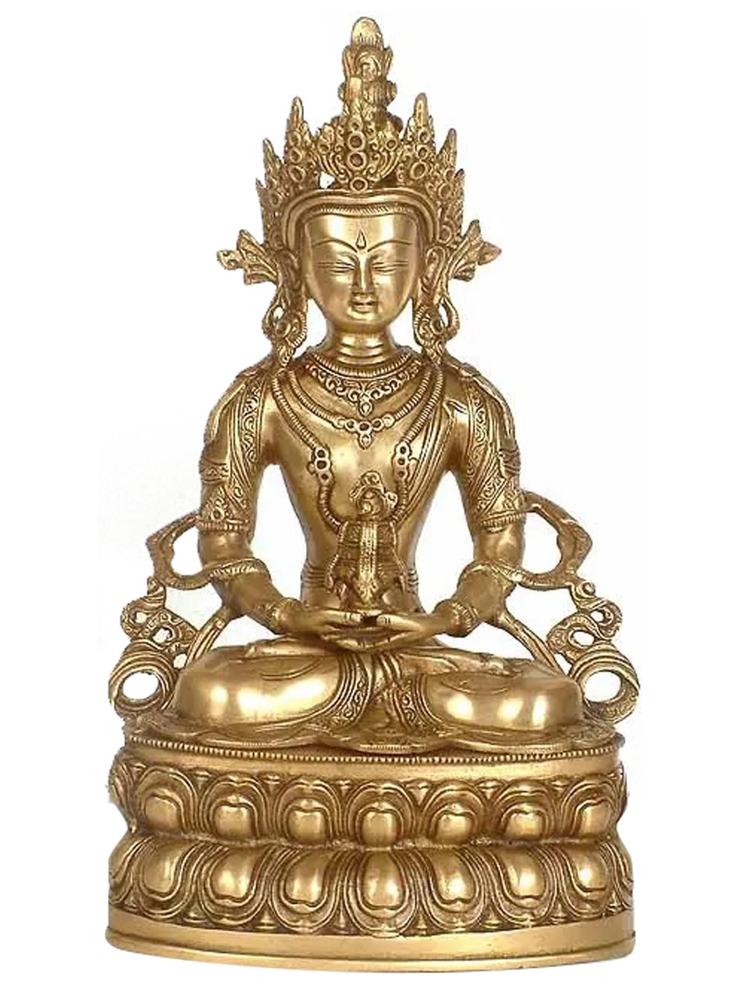13" Tibetan Buddhist Deity Amitabha Buddha Brass Statue | Handmade | Made in India: Description: See It In Your Home In the mystical realm of artistic creation, behold the effulgent Tibetan Buddhist Deity, Amitabha Buddha, emerging in resplendent brass like a celestial dream. Forged