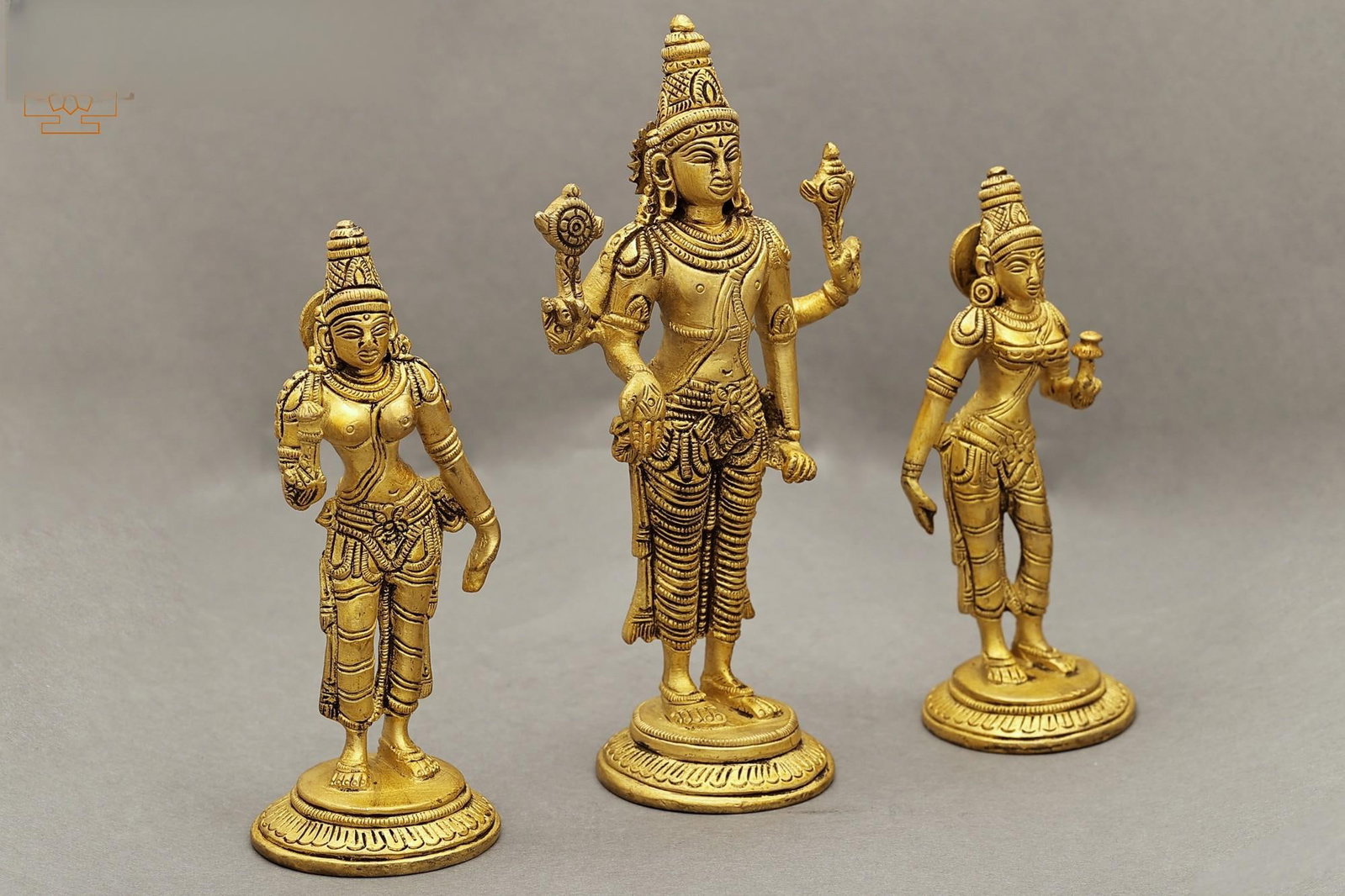 6" Brass Lord Vishnu Statue with Shridevi and Bhudevi | Handmade | Made in India - 2
