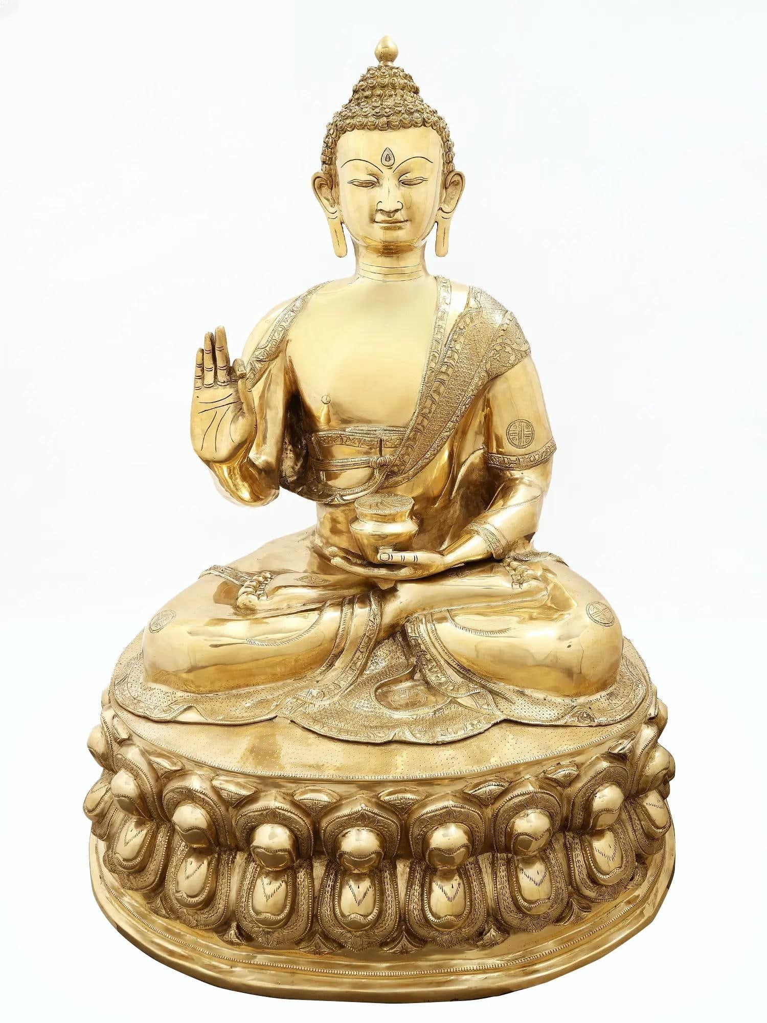 36" Large Size Buddha in the Abhaya Mudra In Brass | Handmade: Description: 36" Large Size Buddha in the Abhaya Mudra In Brass | Handmade itemcode: EV48 Reserve: $2,992 Shipping: Domestic: Shipping rates are determined by destination International: Foreign