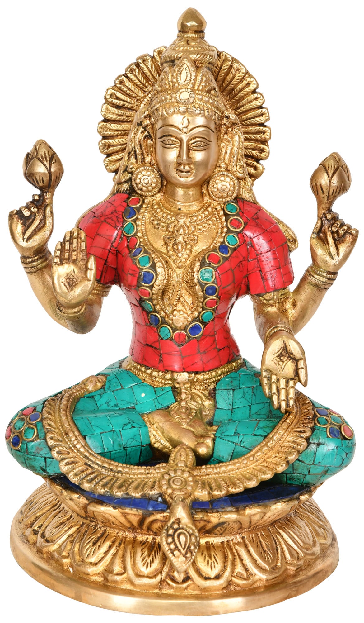 9" Devi Lakshmi Brass Statue | Spiritual Home Decor: Description: See It In Your Home A resplendent Devi Lakshmi sits in siddhasana on a golden-coloured lotus. She is dressed in red and blue silks, Her swarnima (golden) roopa (form) overlaid with richly