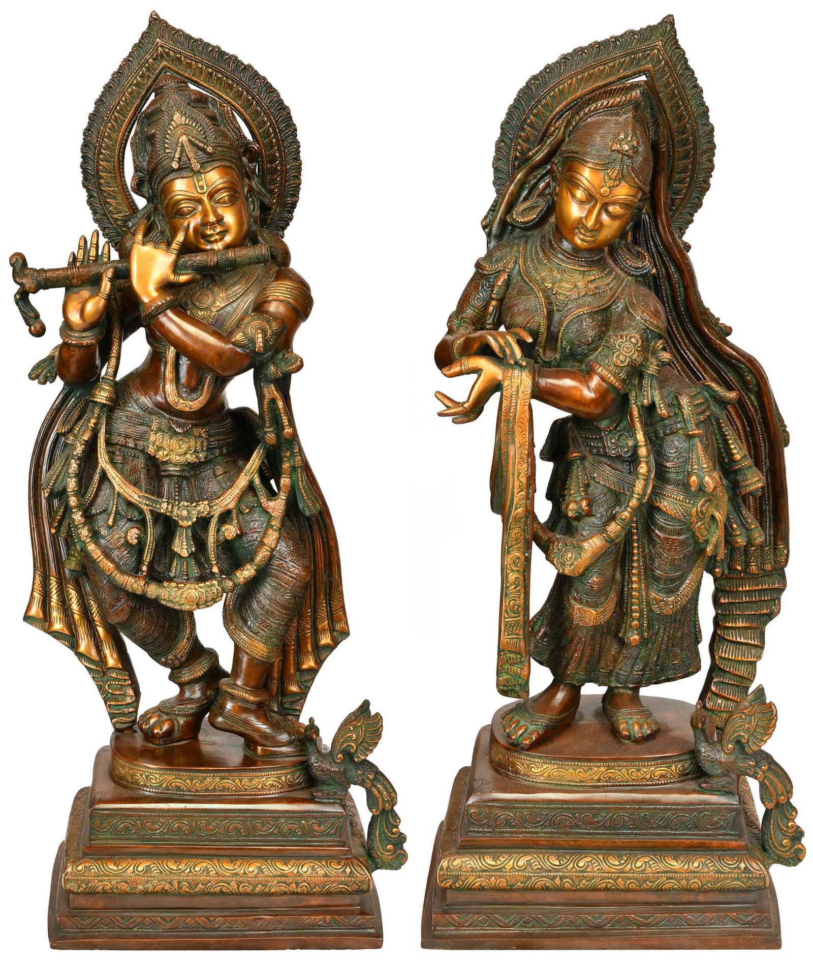 24" Radha Krishna In Brass | Handmade | Made In India: Description: 25.9 inch Height x 9.5 inch Width x 6 inch Depth (Krishna ji) 22.5 inch Height x 9 inch Width x 6 inch Depth (Radha ji) itemcode: EY03 Reserve: $1,724 Shipping: Domestic: Shipping rates