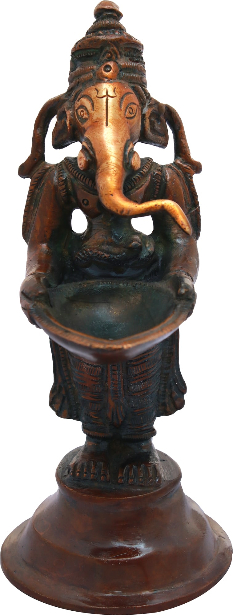 5" Auspicious Ganesha Lamp in Brass | Handmade | Made in India: Description: This auspicious brass lamp is blessed with the image of Lord Ganesha . He is standing, holding one lamp in his hand as if blessing the devotees with knowledge and wisdom. The structure of