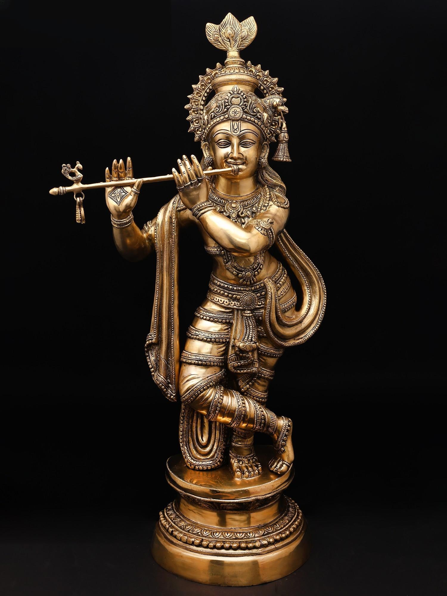 36" Large Krishna Brass Statue Playing Flute | Home Temple Religious Figurine (1 of 2)