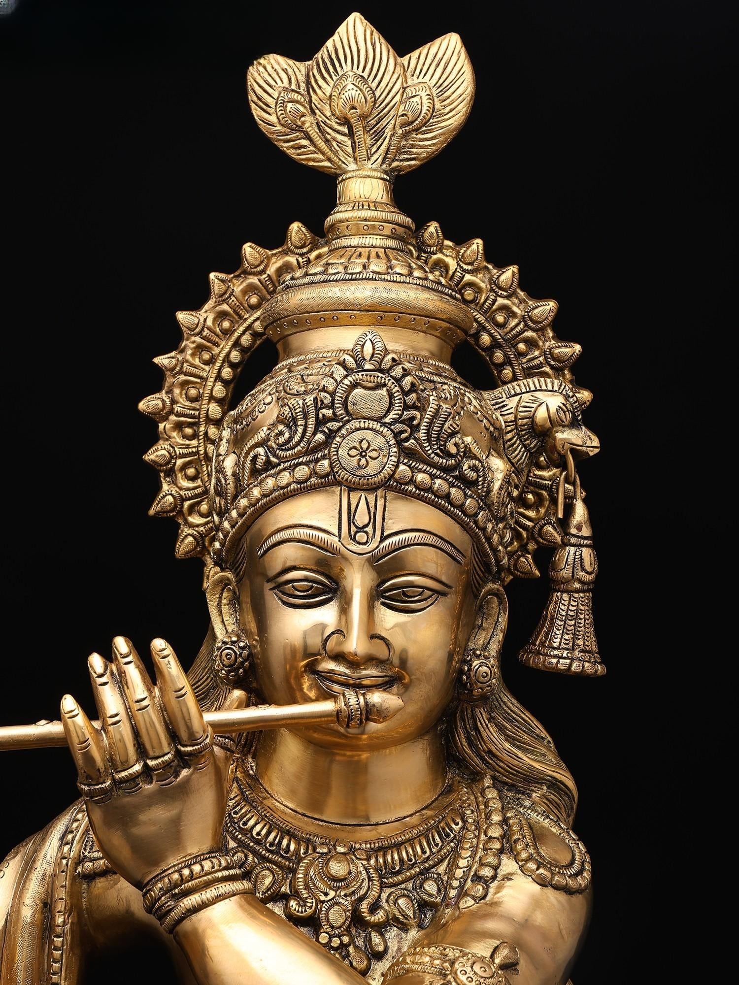 36" Large Krishna Brass Statue Playing Flute | Home Temple Religious Figurine - 2