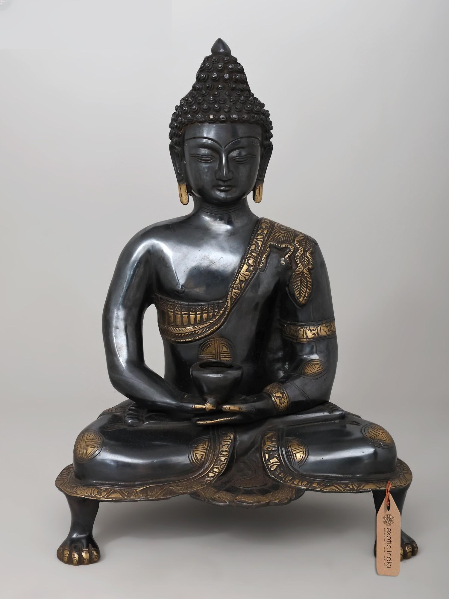 20" Black Buddha in Dhyana Mudra - (Robes Decorated with Scenes from the Life of Buddha) In Brass |: Description: 20" Black Buddha in Dhyana Mudra - (Robes Decorated with Scenes from the Life of Buddha) In Brass | Handmade | Made In India itemcode: EY10 Reserve: $1,103 Shipping: Domestic: Shipping ra
