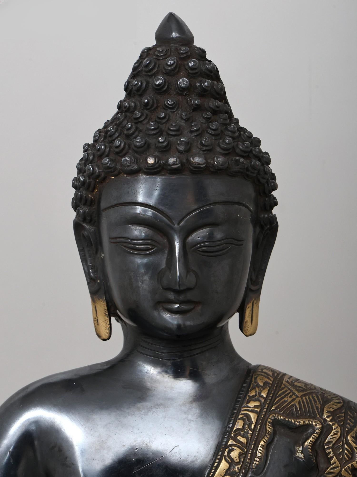 20" Black Buddha in Dhyana Mudra - (Robes Decorated with Scenes from the Life of Buddha) In Brass | - 2