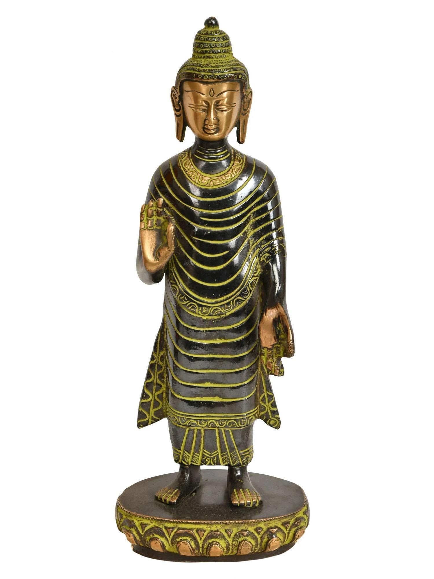 10" Standing Buddha Brass Statue | Handmade Tibetan Buddhist Deity Idols | Made in India: Description: “Om Mani Padme Hum” A revered Buddha mantra encapsulates the essence of compassion and wisdom. Each syllable symbolizes different aspects: “Om” represents the body,