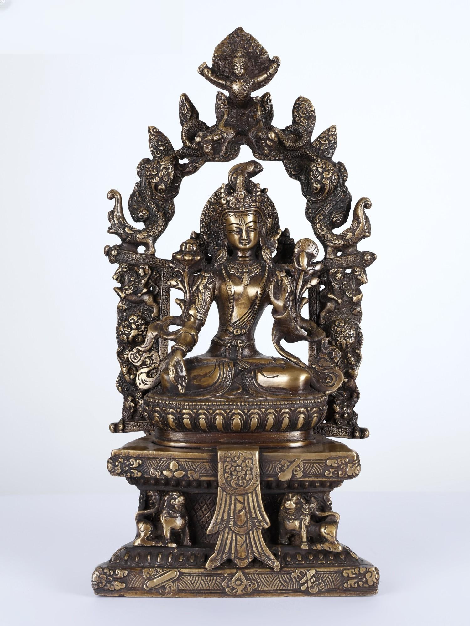 15" Buddhist Goddess White Tara Idol on Six-Ornament Throne of Enlightenment: Description: White Tara, a bodhisattva of compassion and longevity, is portrayed seated gracefully in a meditative pose, symbolizing serenity and purity. White Tara’s serene face, with her eyes