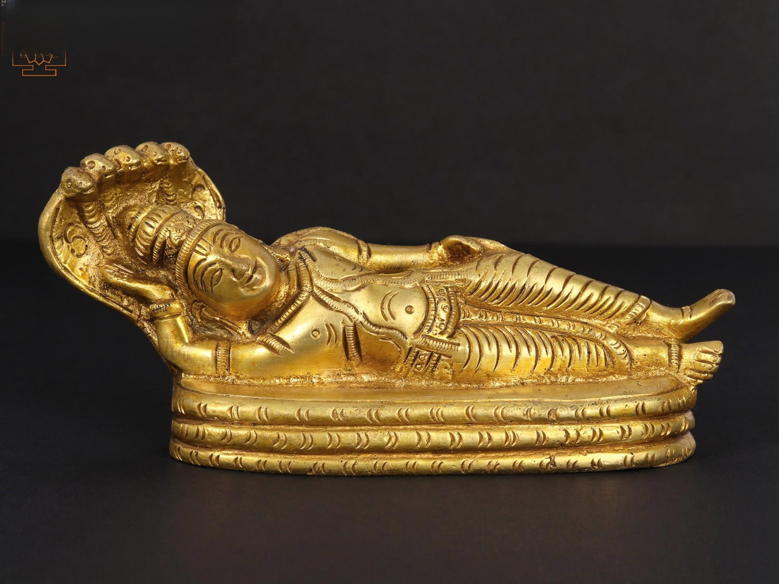 6" Lord Vishnu Idol in Yoga Nidra In Brass | Handmade | Made In India: Description: "In stillness, find the universe within." Made out of pure brass, Lord Vishnu lies in Yoga Nidra, the yogic state of deep relaxation and cosmic slumber. His serene countenance radiates