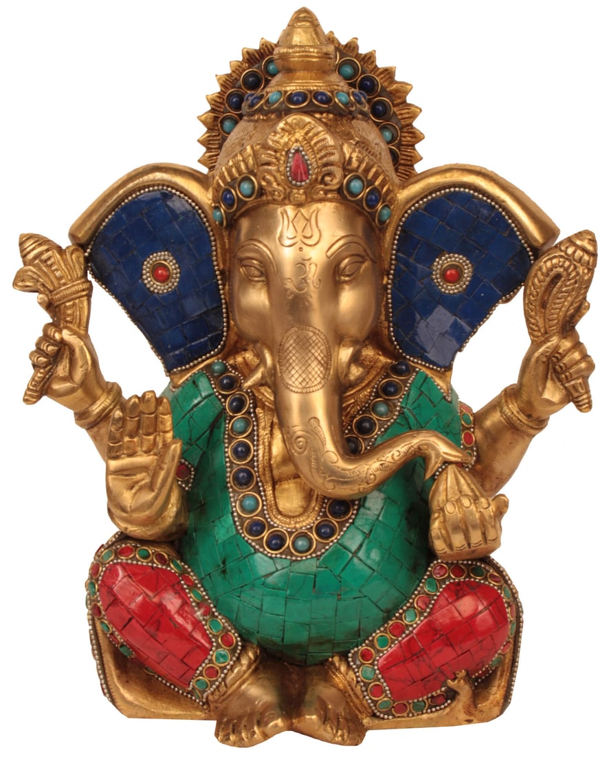 10" Blessing Lord Ganesha Brass Statue with Large Ears | Handmade | Made in India: Description: See It In Your Home In the radiant realm of divine artistry, there exists this mesmerising brass statue of “ Lord Ganesha” , a masterpiece adorned with intricate inlay work. His