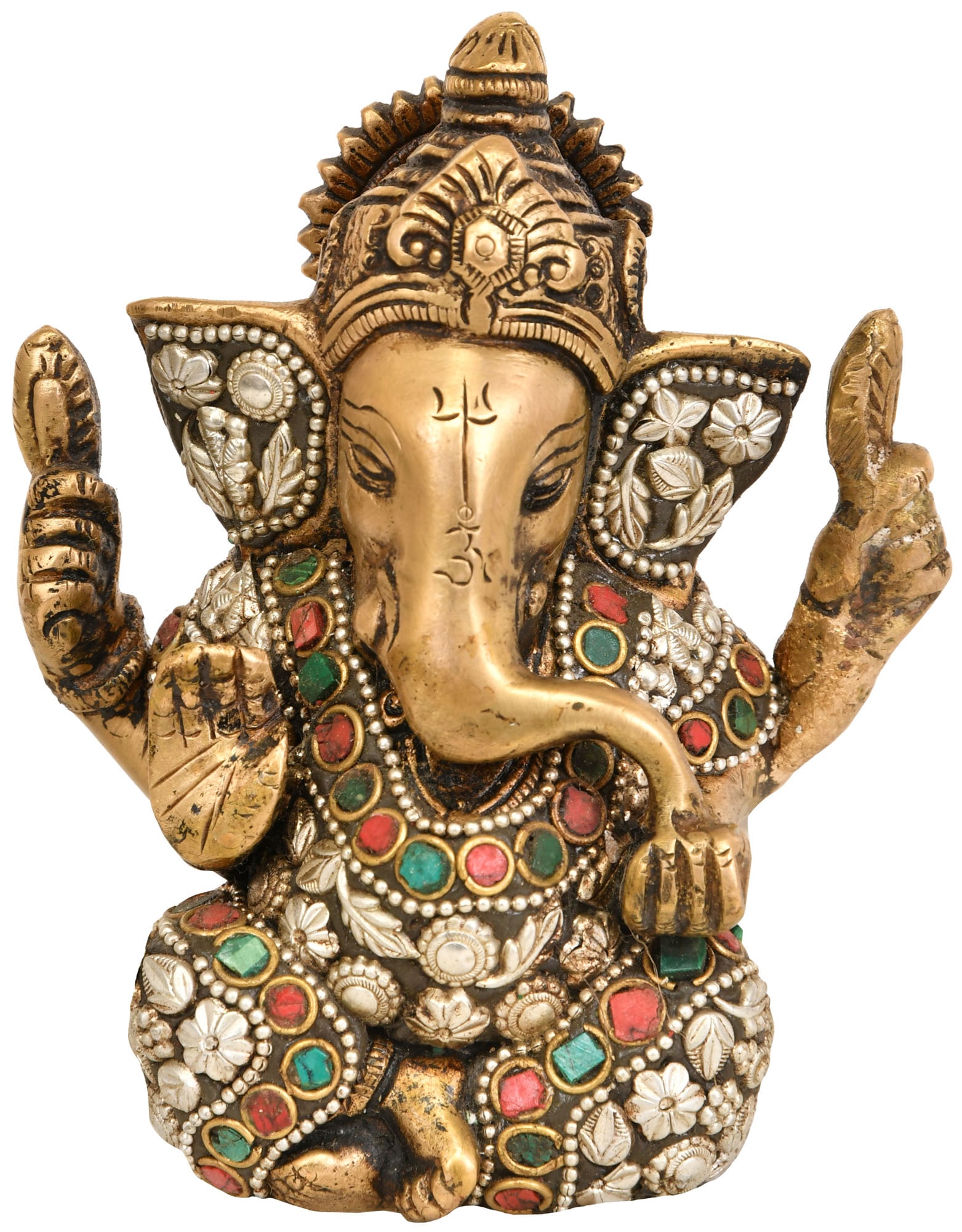 4" Lord Ganesha Idol in Ashirwad Mudra in Brass | Handmade: Description: See It In Your Home Let us introduce you to the Brass Inlay Lord Ganesha in Ashirwad Mudra, a piece that beckons us to embrace the divine benedictions and the skillful craftsmanship that 