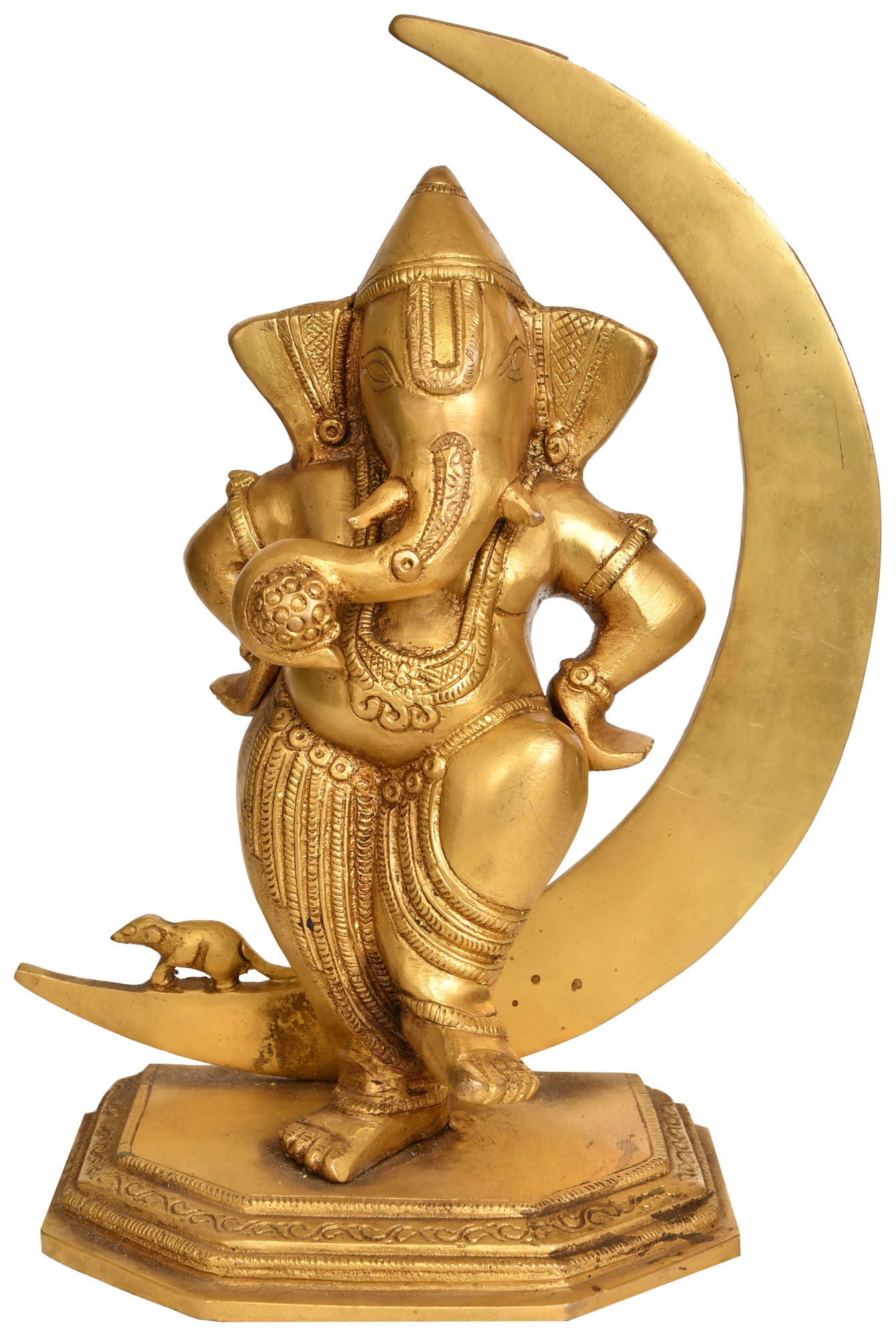 9" Chandra Ganesha Brass Idol | Handmade Religious Figurine: Description: This full-of-joy sculpture of Ganesha is seen dancing in his own rhythm in tribhanga posture with the left leg rose in excitement of nritya and the hands folded on the sides, rest on his 