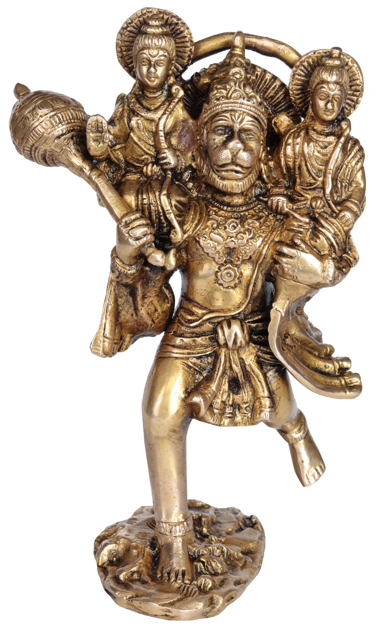 7" Hanuman Carries Rama and Lakshmana on His Shoulders| Handmade | Made In India: Description: An interesting legend involving Rama, Lakshman, and Hanuman goes like this. When the princely duo was on their quest to find Ma Sita, they faced numerous challenges. One of these hurdles