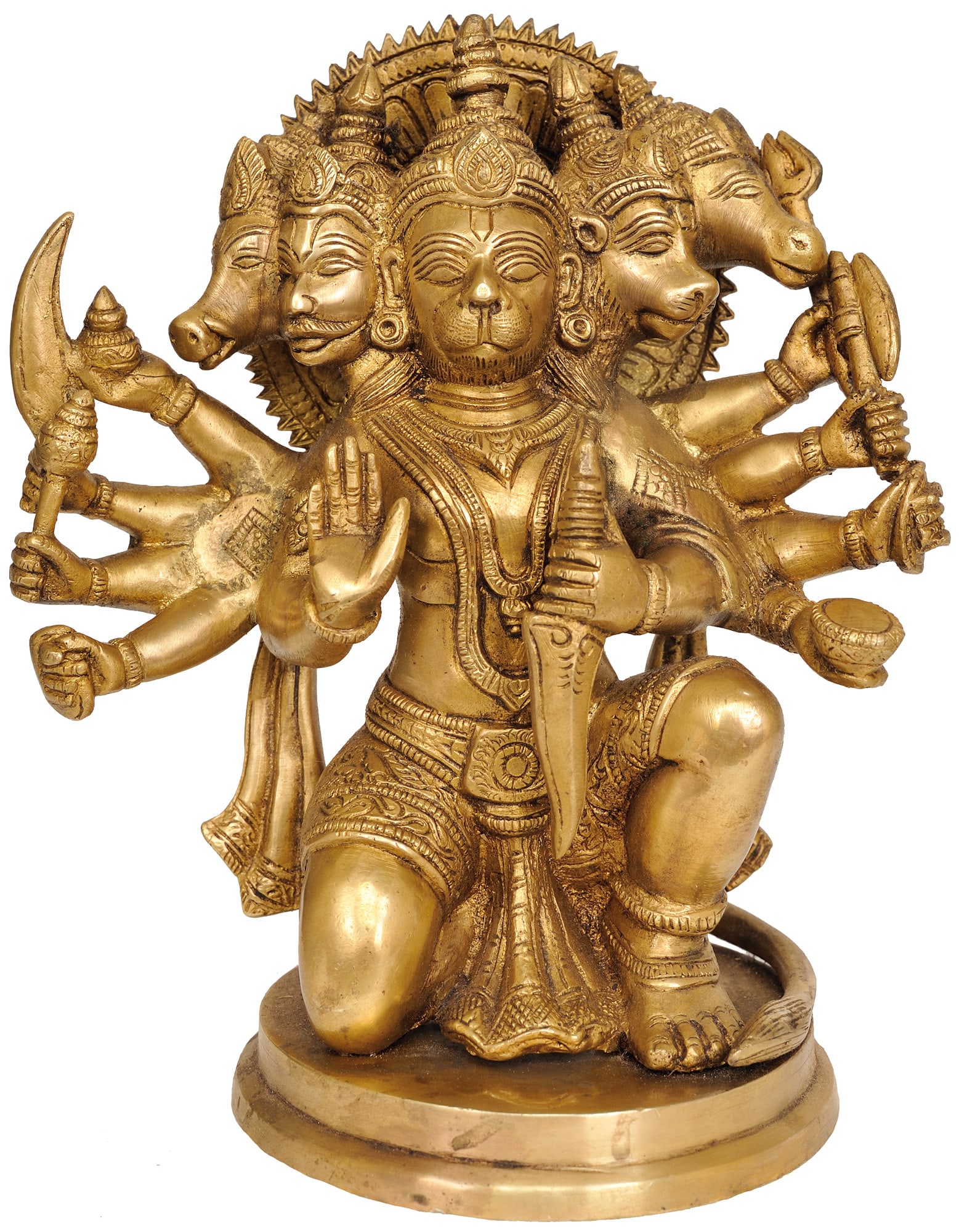 8" Five-Headed Lord Hanuman Brass Sculpture | Handmade Religious Figurine: Description: See It In Your Home The Mystery of Shri Hanuman with Five Heads: Vaishnavas believe that the wind-god Vayu underwent three incarnations to help Lord Vishnu. As Hanuman he helped Rama; as