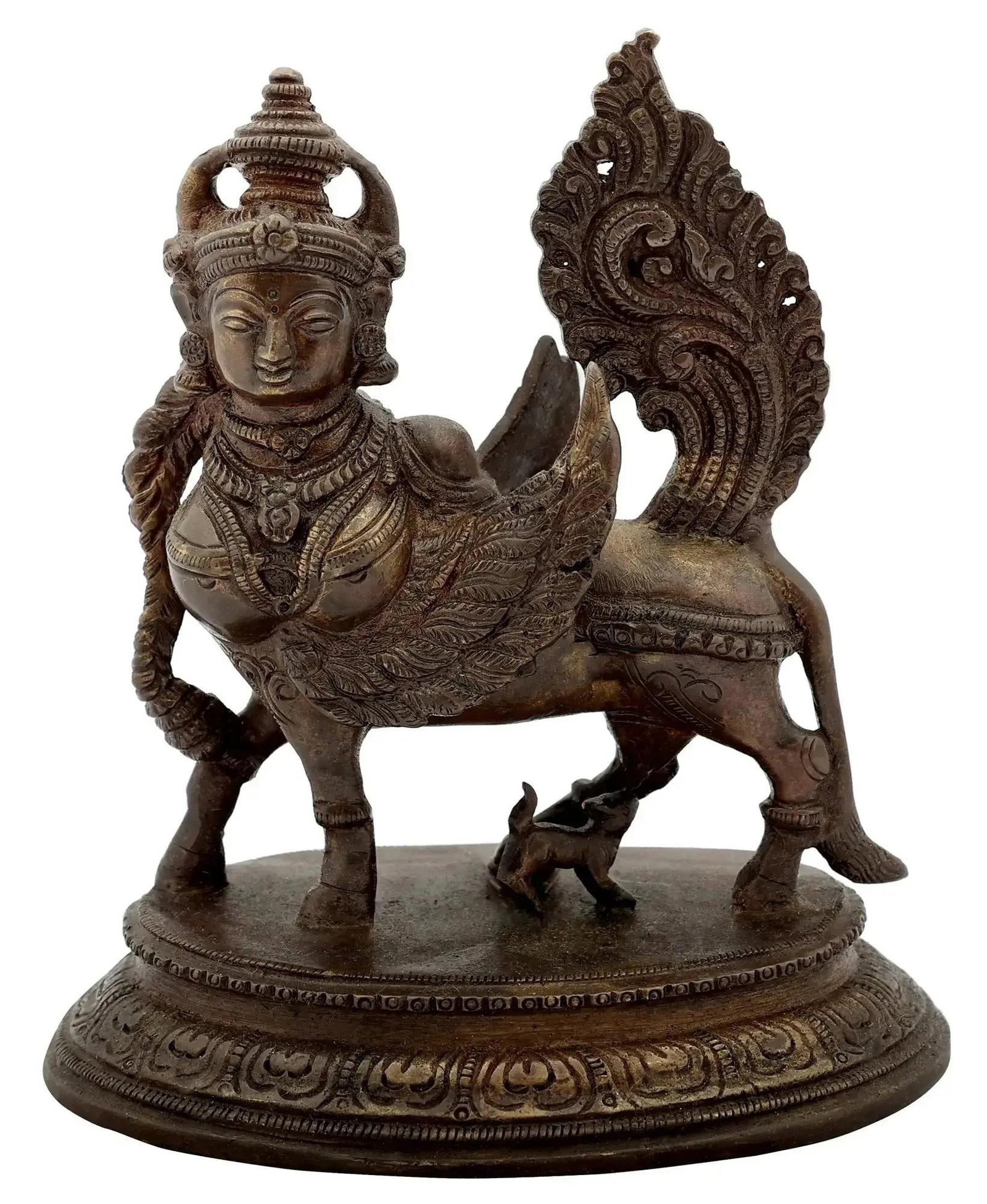 6" Kamadhenu Idol | Divine Cow Brass Statue | Handmade: Description: Crafted with the mastery that transcends time, this sculpture portrays Kamadhenu in all her resplendent glory - Kamadhenu , the cow of miracles, radiates an aura of abundance and celestia