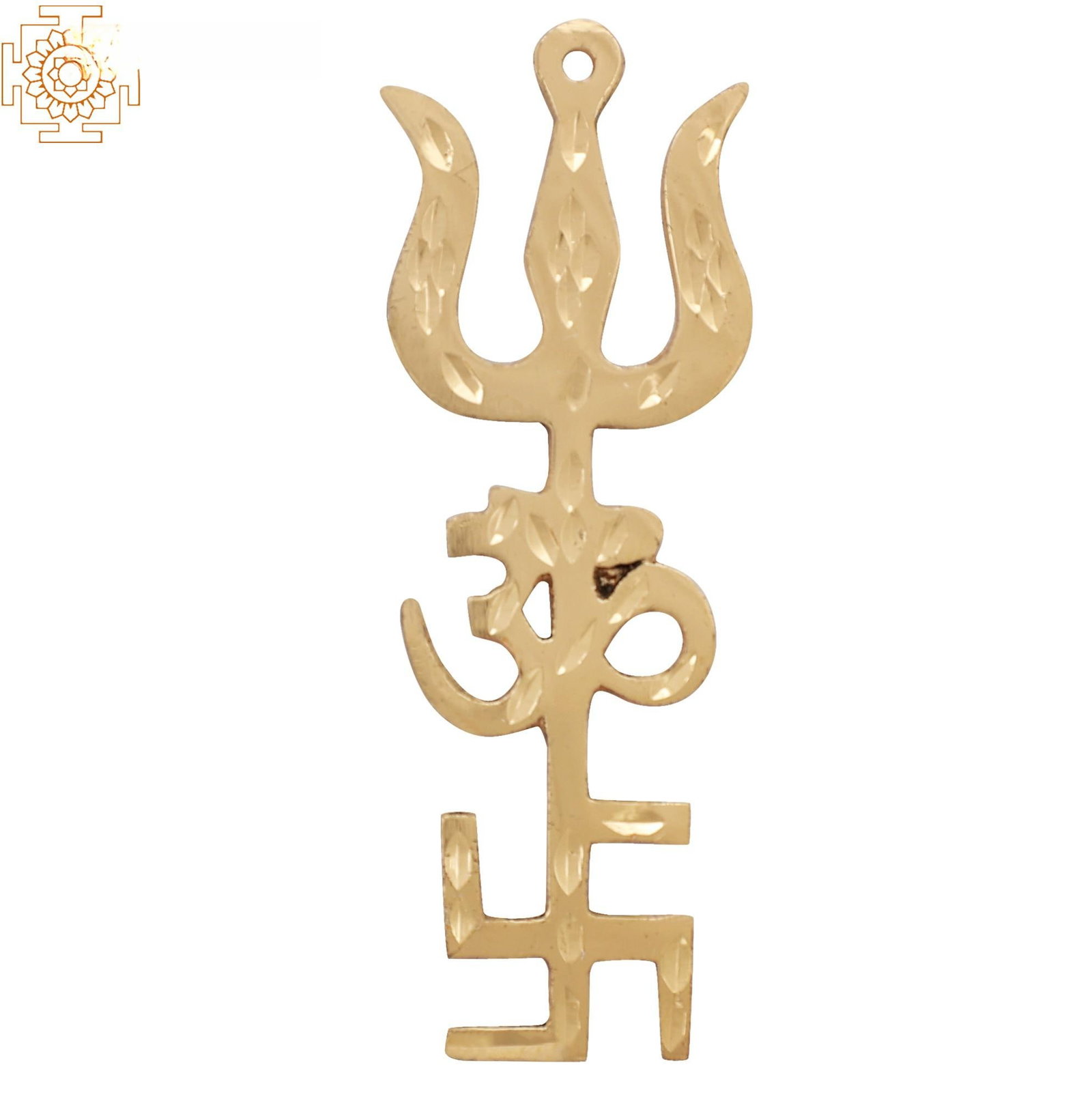 3" Brass Tri Shakti Pooja Yantra | Swastik Om Trishul Symbol | Handmade | Made in India: Description: See It In Your Home "In symbols, we find meaning." This brass Tri Shakti Pooja Yantra is a fusion of sacred symbols: the Swastika, representing auspiciousness, the Om symbolizing the