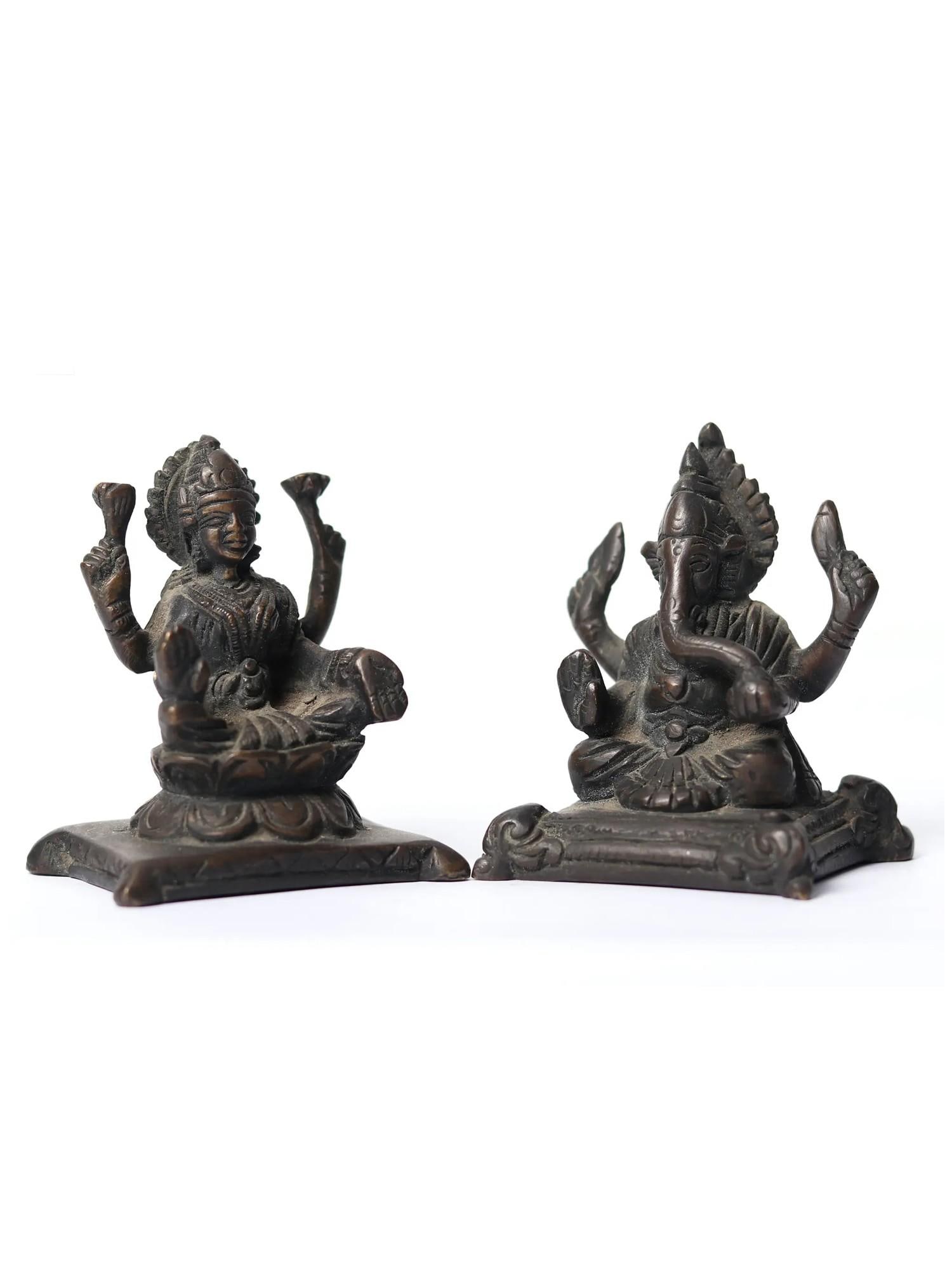 3" Small Blessing Lakshmi Ganesha Brass Statue - 2