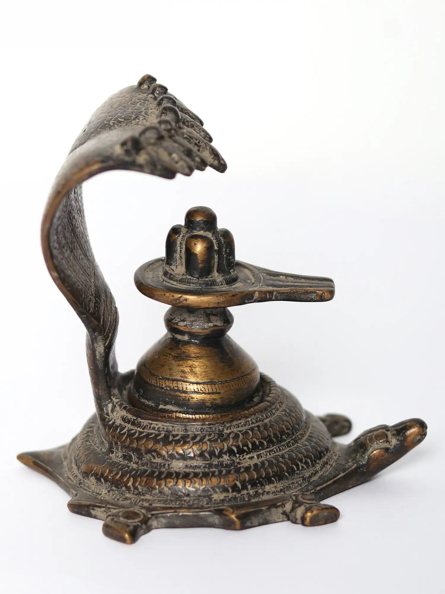 4" Small Shivalinga on Turtle Pedestal In Brass - 2