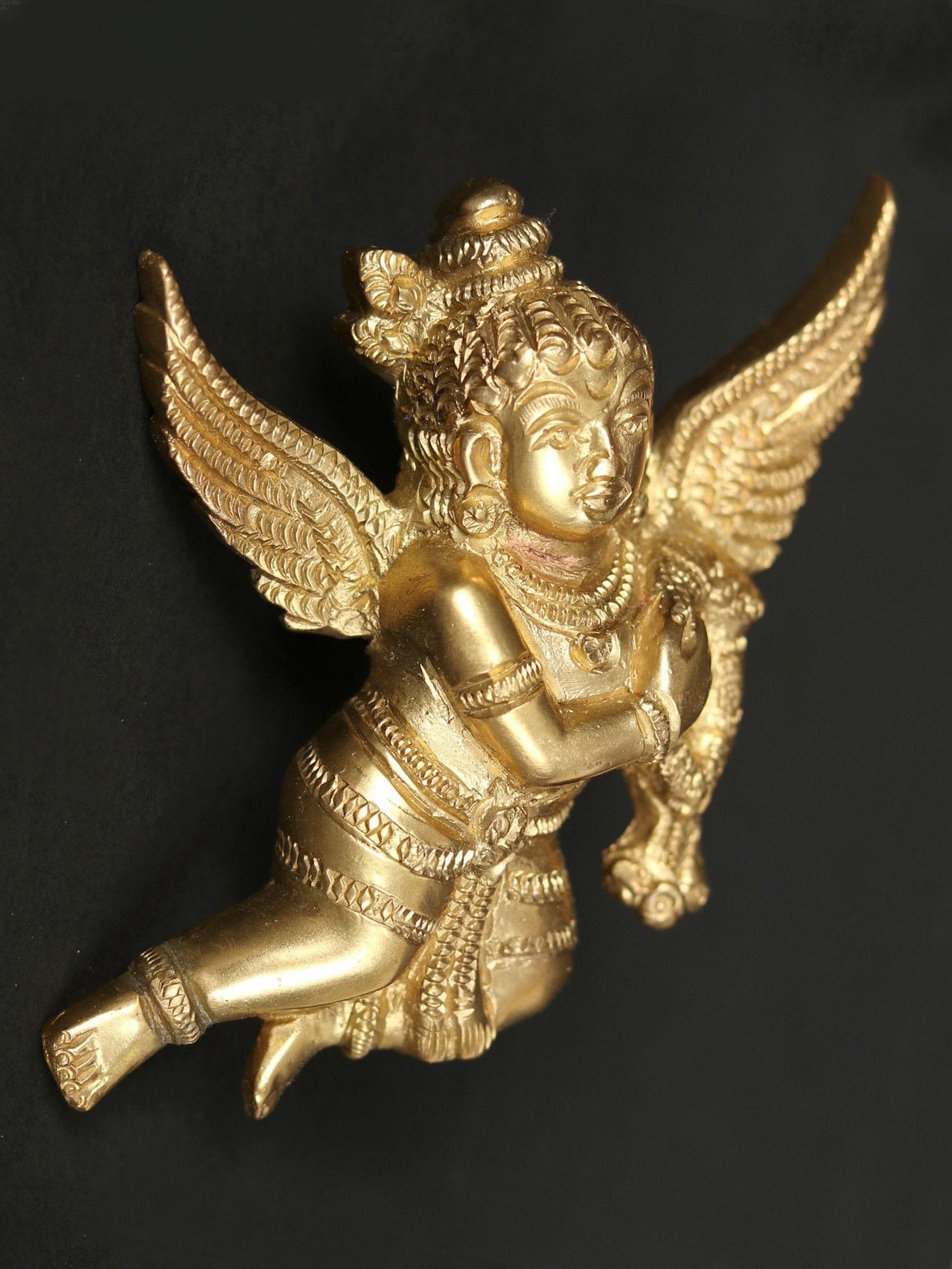 3" Small Brass Lord Gandharva Idol | Wall Décor: Description: This Small Brass Lord Gandharva Wall Decor embodies the celestial beauty and divine presence of Lord Gandharva, the celestial musician in Hindu mythology. Manifested intricately in