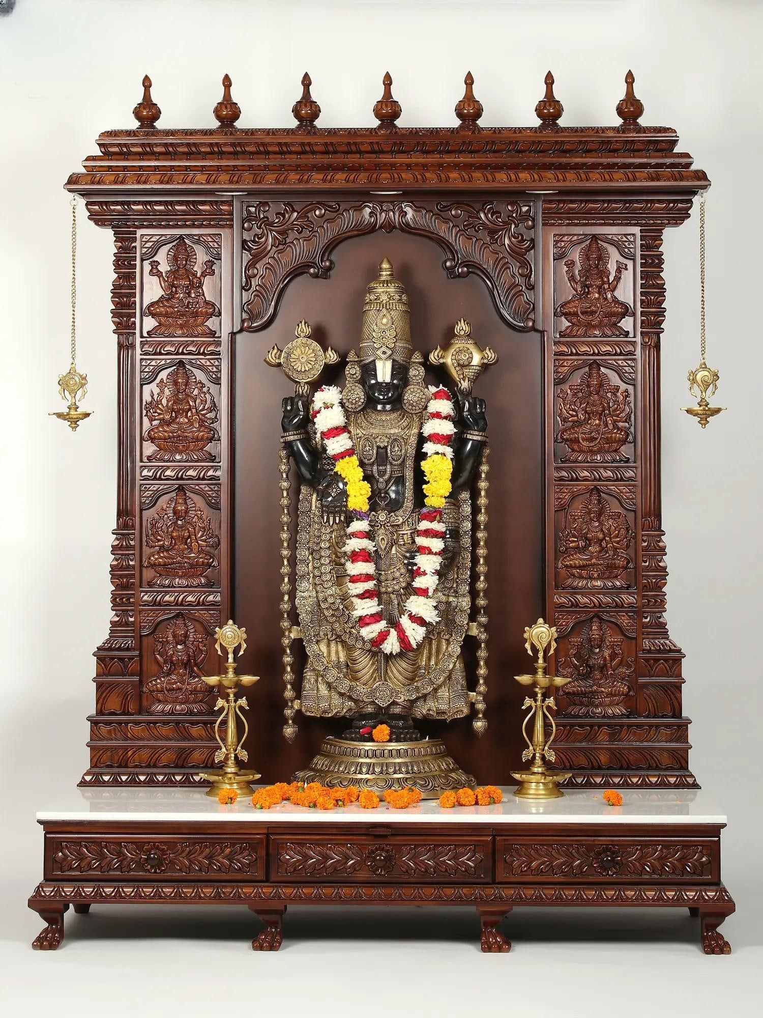 73" Super Large Brass Tirupati Balaji (Venkateshvara) with Ashtalakshmi Wood Carved Designer Temple: Description: Tirupati Balaji : 48.00 inch Height X 20.50 inch Width X 8.00 inch Depth Temple : 73 inch Height X 56 inch Width X 20 inch Length itemcode: LDC733 Reserve: $9,057 Shipping: Domestic: