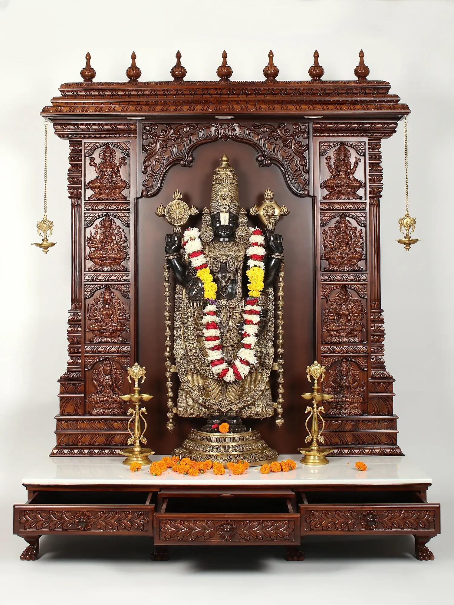 73" Super Large Brass Tirupati Balaji (Venkateshvara) with Ashtalakshmi Wood Carved Designer Temple - 2