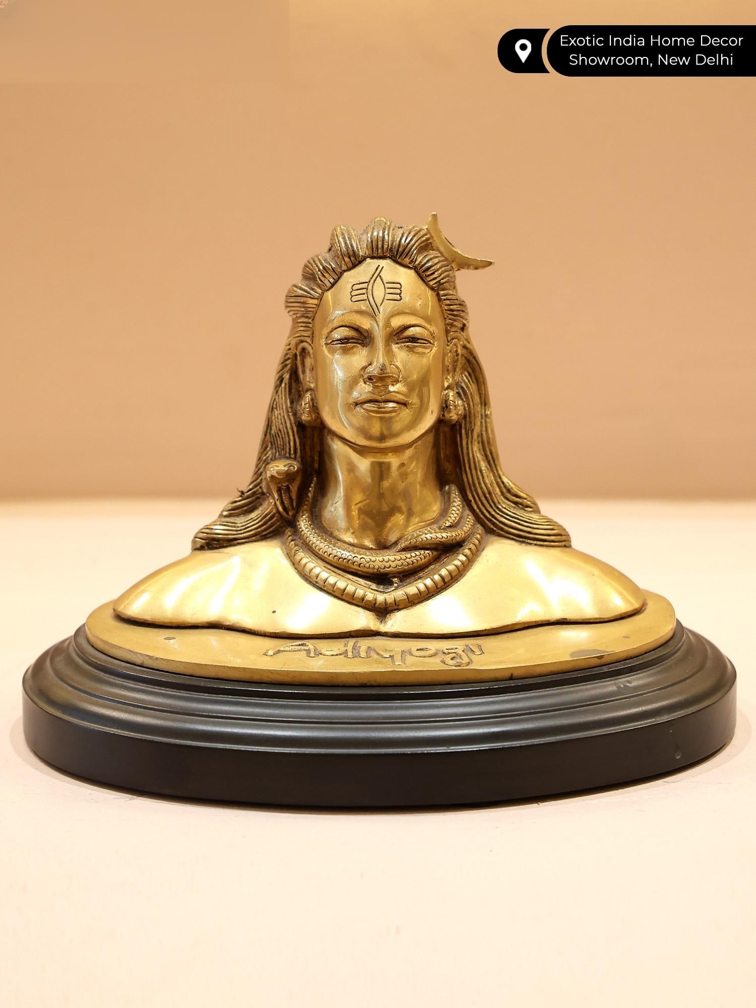 8" Brass Adiyogi Shiva Bust on Wood Base - 2