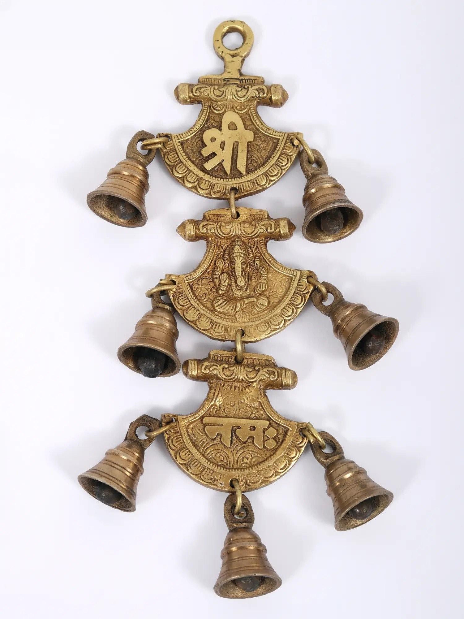 11" Shri Ganeshay Namah Hanging Bell in Brass - 2