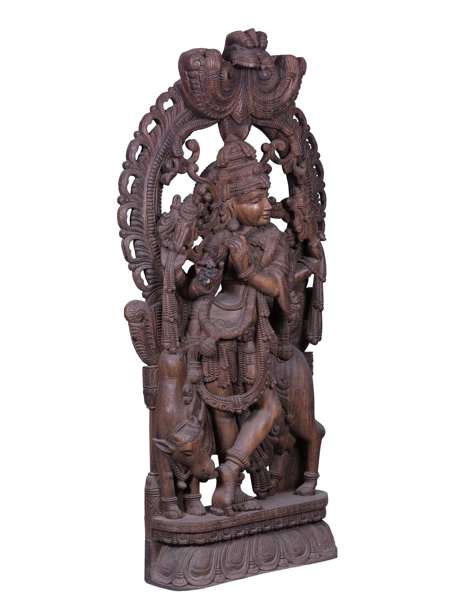 Large wooden Fluting Krishna with Kirtimukha Throne - 2