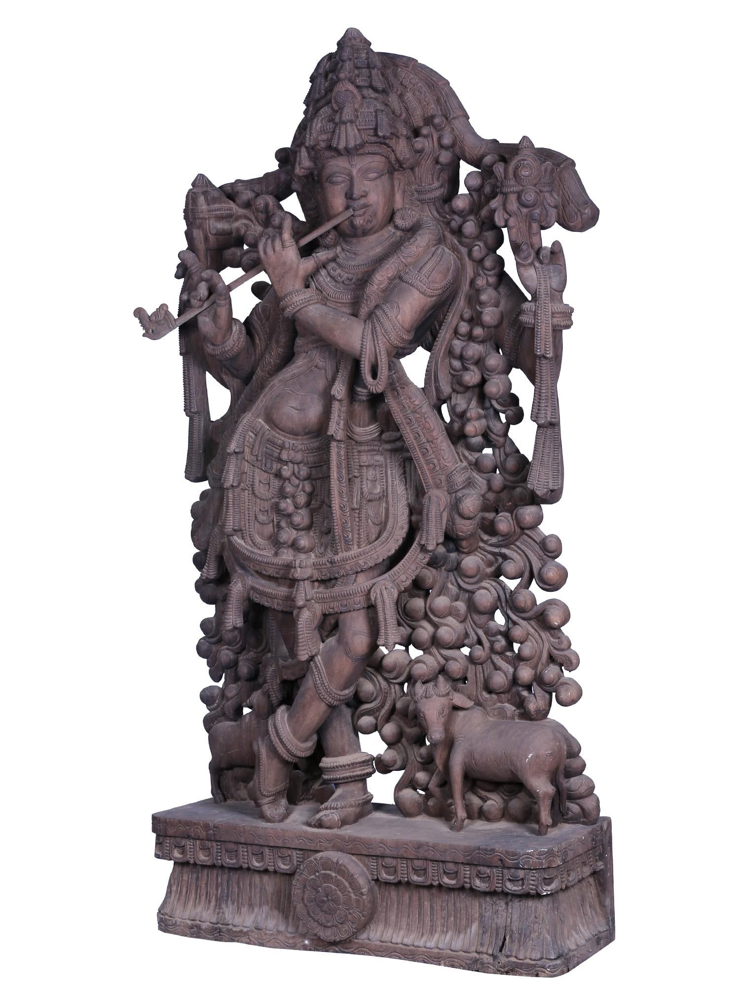 Venugopala Large Wooden Fluting Krishna Idol - 2