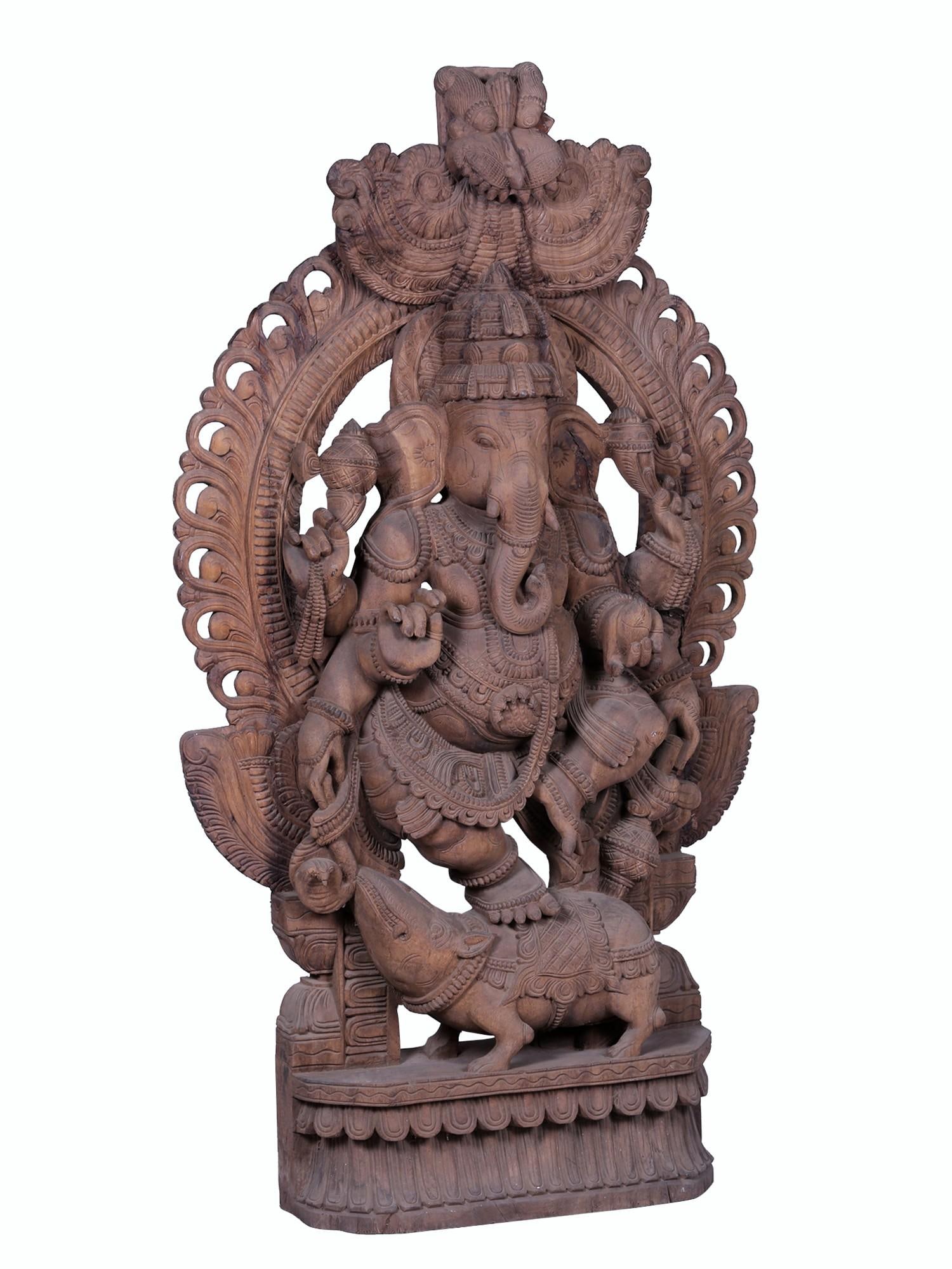 60" Large Wooden Lord Ganesha Statue on Rat with Kirtimukha Throne - 2