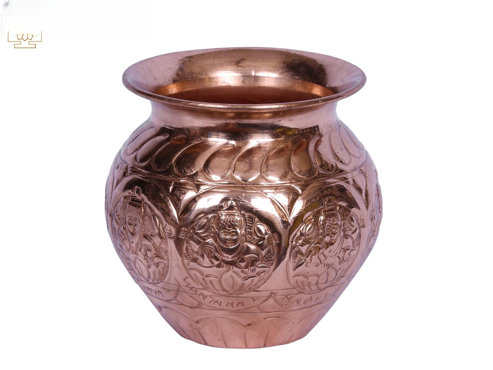 4" Copper Ashta Lakshmi Kalash: Description: Goddess Lakshmi, in her eight incarnations, represents holy iconography that enhances the auspiciousness of ritual artifacts. This little copper Kalash, also known as Lota, is a sacred
