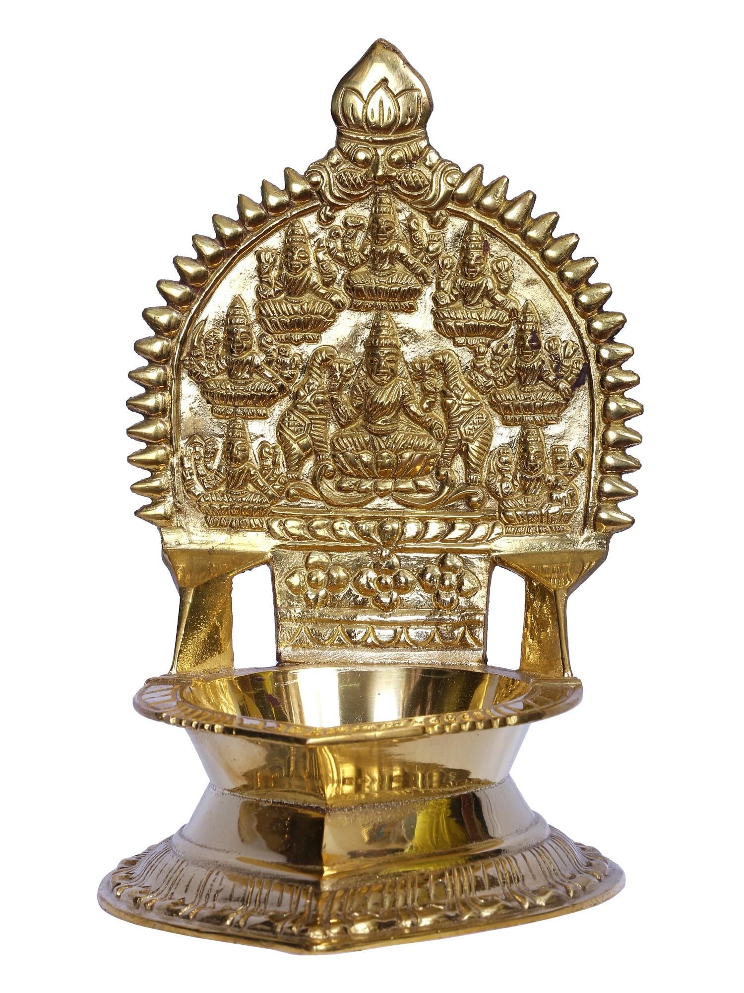 8" Ashtalakshmi Lamp in Brass: Description: This brass Ashtalakshmi Lamp embodies all the divine gifts that the eight forms of Goddess Lakshmi may bestow. The lamp is a standard floor lamp with holy pictures of Goddess Lakshmi in