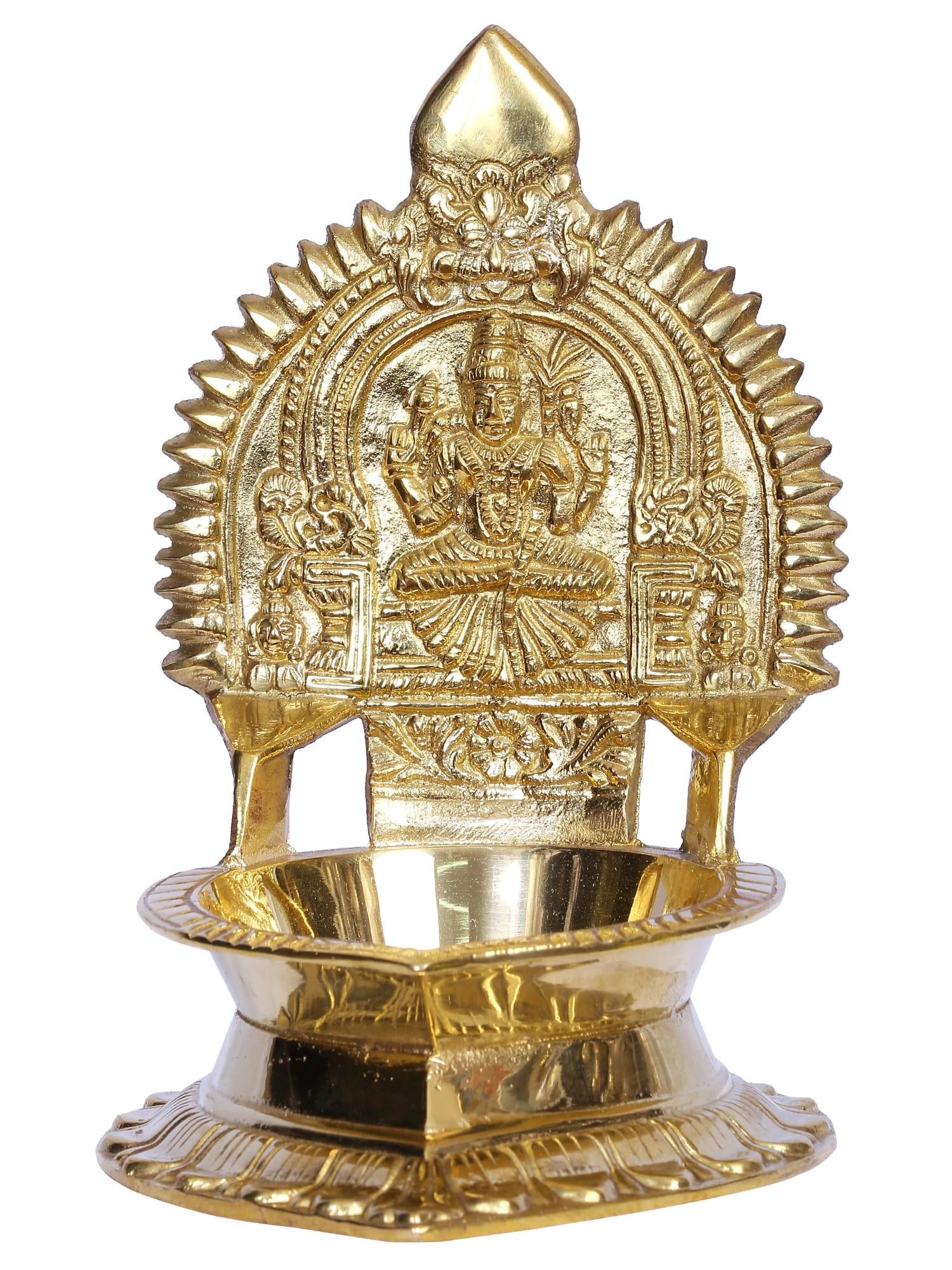 6" Kamakshi Devi Lamp in Brass: Description: Although Goddess Kamakshi is called Siva's spouse, she emerges as Supreme Divine and Mother Goddess in the Kamakshi Vilakkus lamp. The Goddess is described in Soundarya Lahari Verse 15
