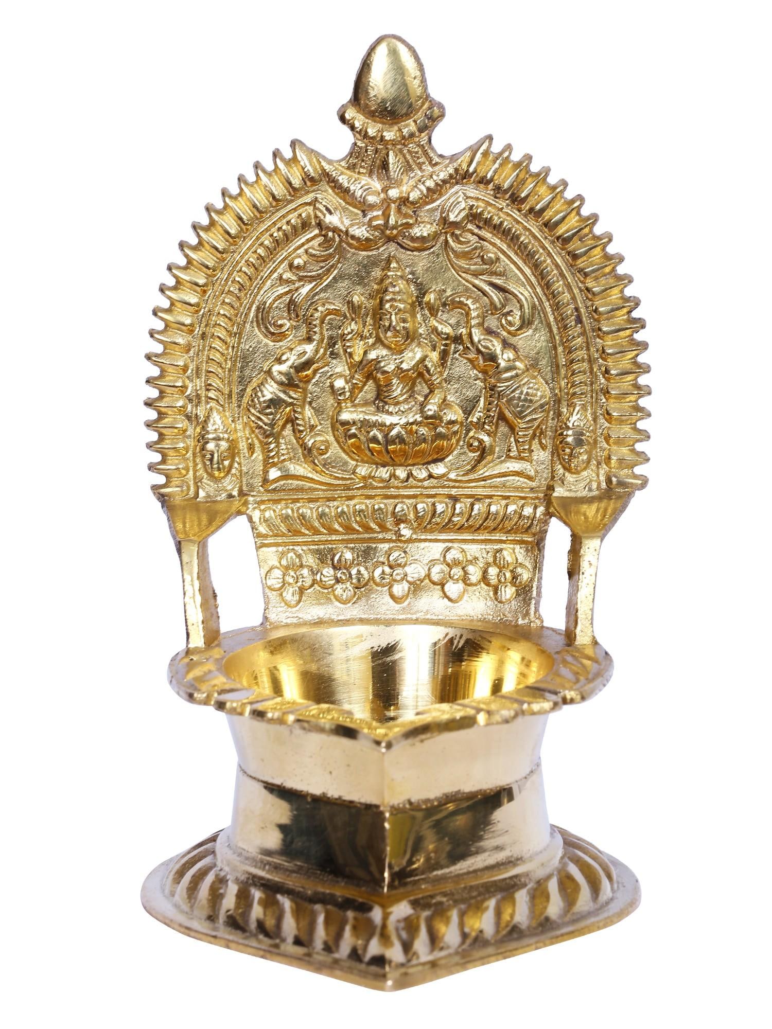 5" Brass Gajalakshmi Lamp (Diya): Description: Goddess Gajalakshmi, the goddess revered by many, is the deity of health, wealth, and royalty. She was highly regarded by ancient poets such as Kalidasa. Because of her regal rank, she