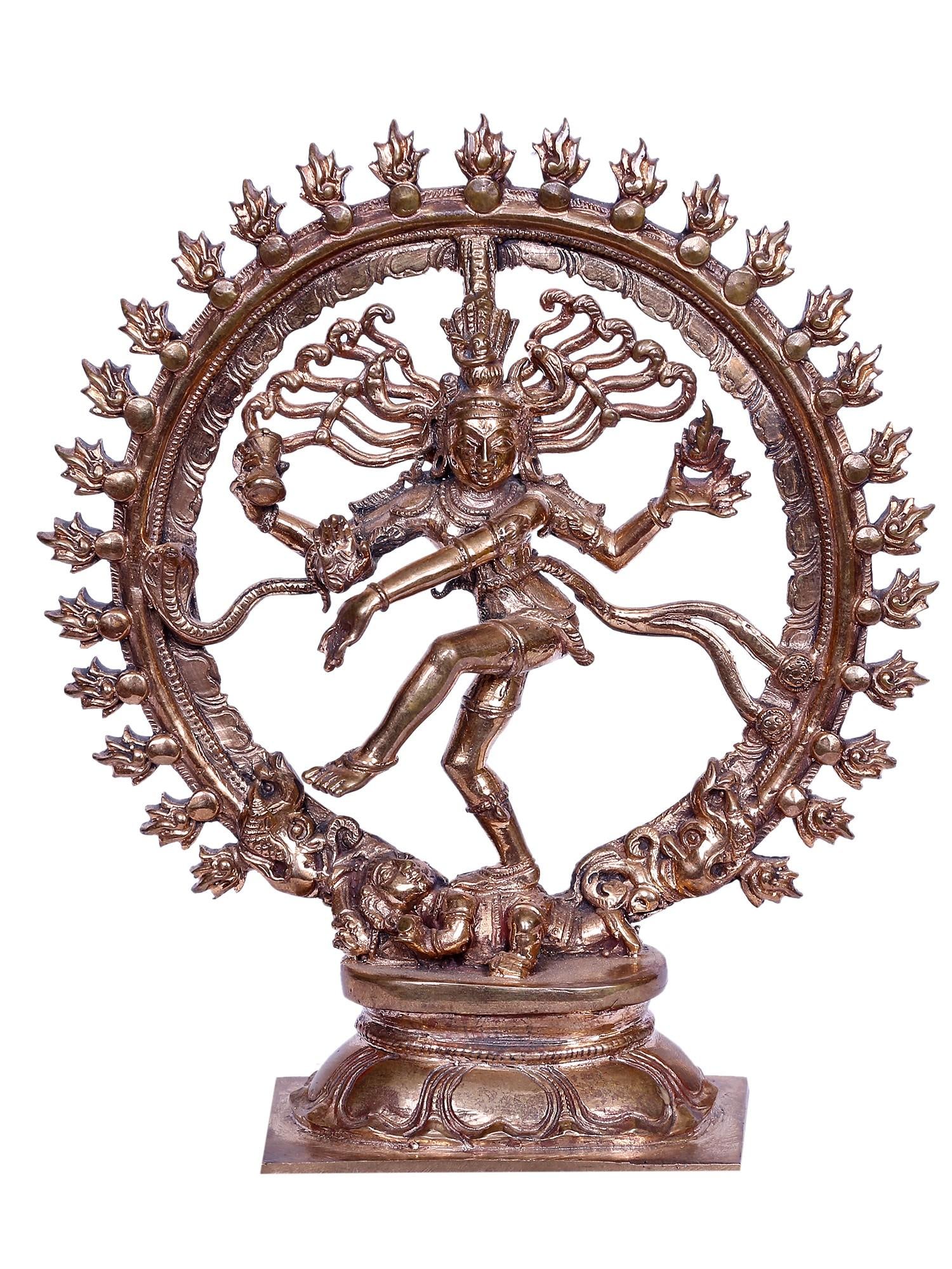 6" Small Lord Nataraja Statue | Handmade | Madhuchista Vidhana (Lost-Wax) | Panchaloha Bronze from: Description: Lord Nataraja, “ also known as Adalvallan”, “ the cosmic dancer”, captivates with his divine presence, his form a mesmerising embodiment of cosmic forces. Encircled by